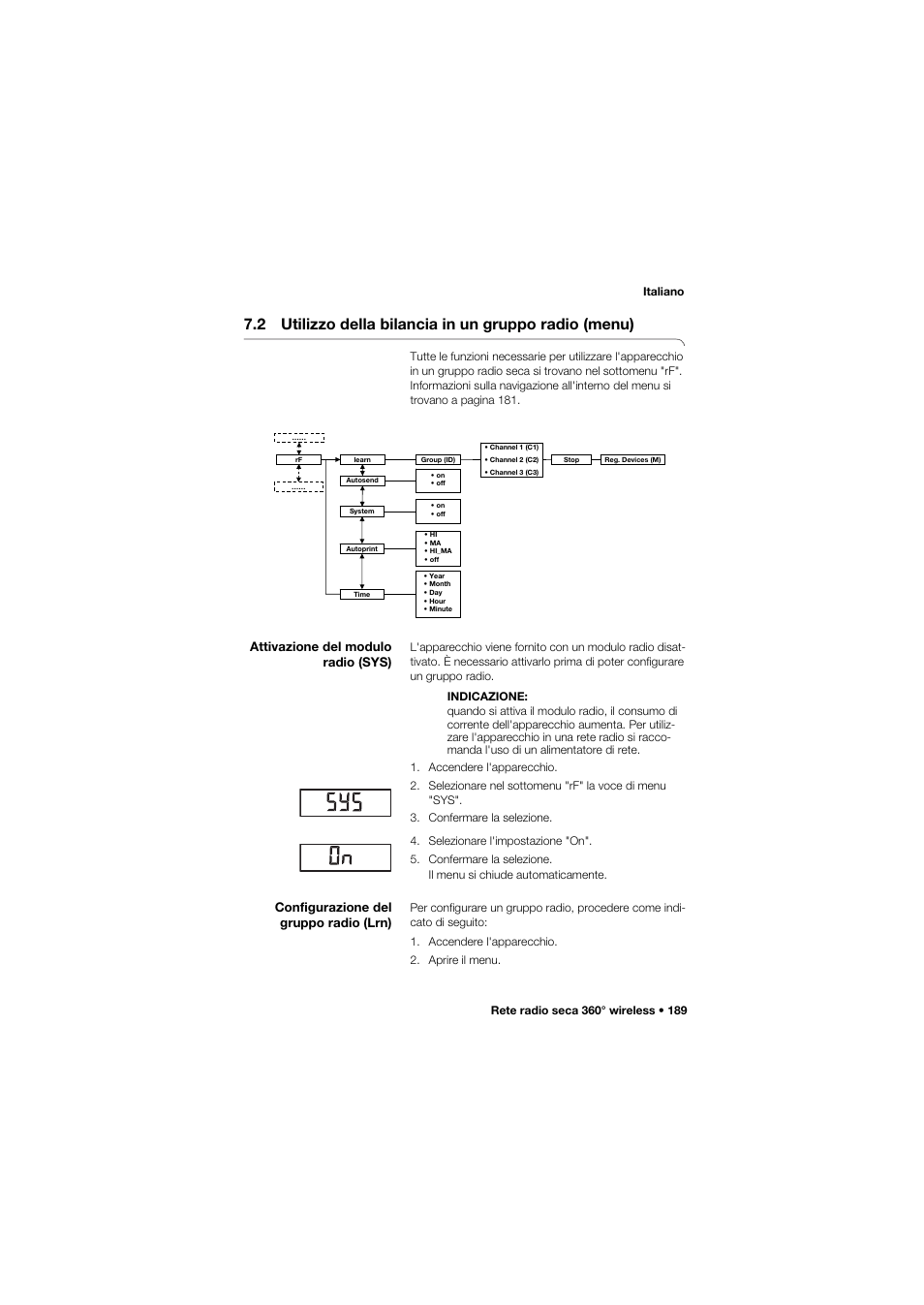 Attivazione del modulo radio (sys), Configurazione del gruppo radio (lrn) | Seca 634 User Manual | Page 189 / 363