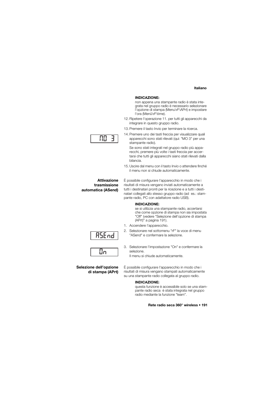 Attivazione trasmissione automatica (asend), Selezione dell’opzione di stampa (aprt) | Seca 634 User Manual | Page 191 / 363