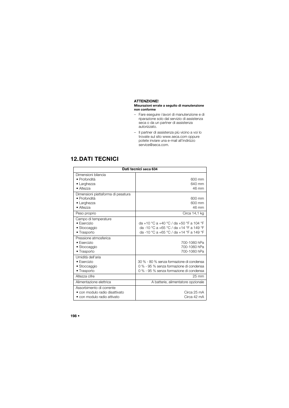 Dati tecnici | Seca 634 User Manual | Page 198 / 363