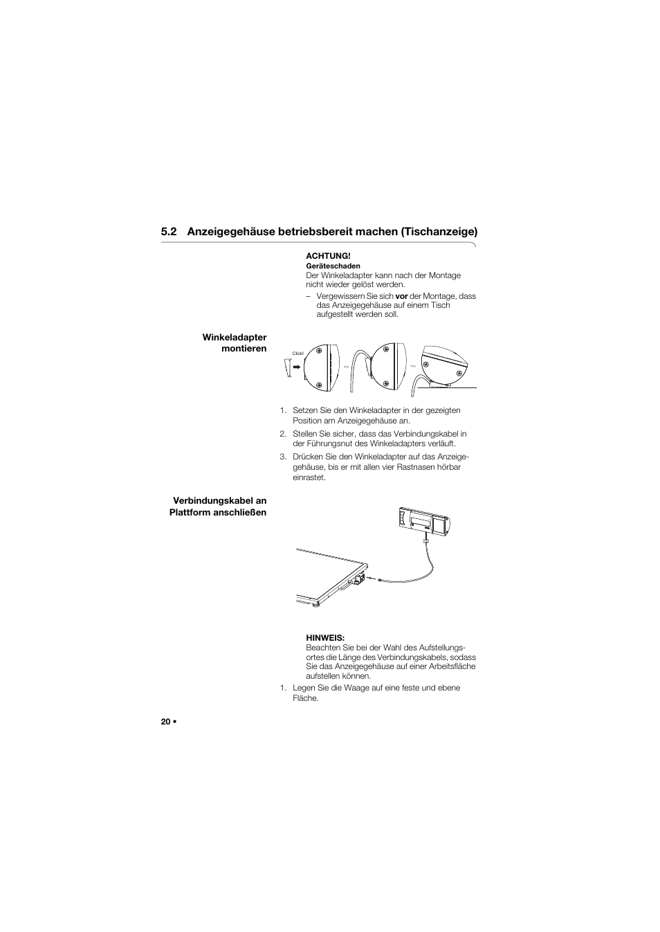 Winkeladapter montieren, Verbindungskabel an plattform anschließen | Seca 634 User Manual | Page 20 / 363