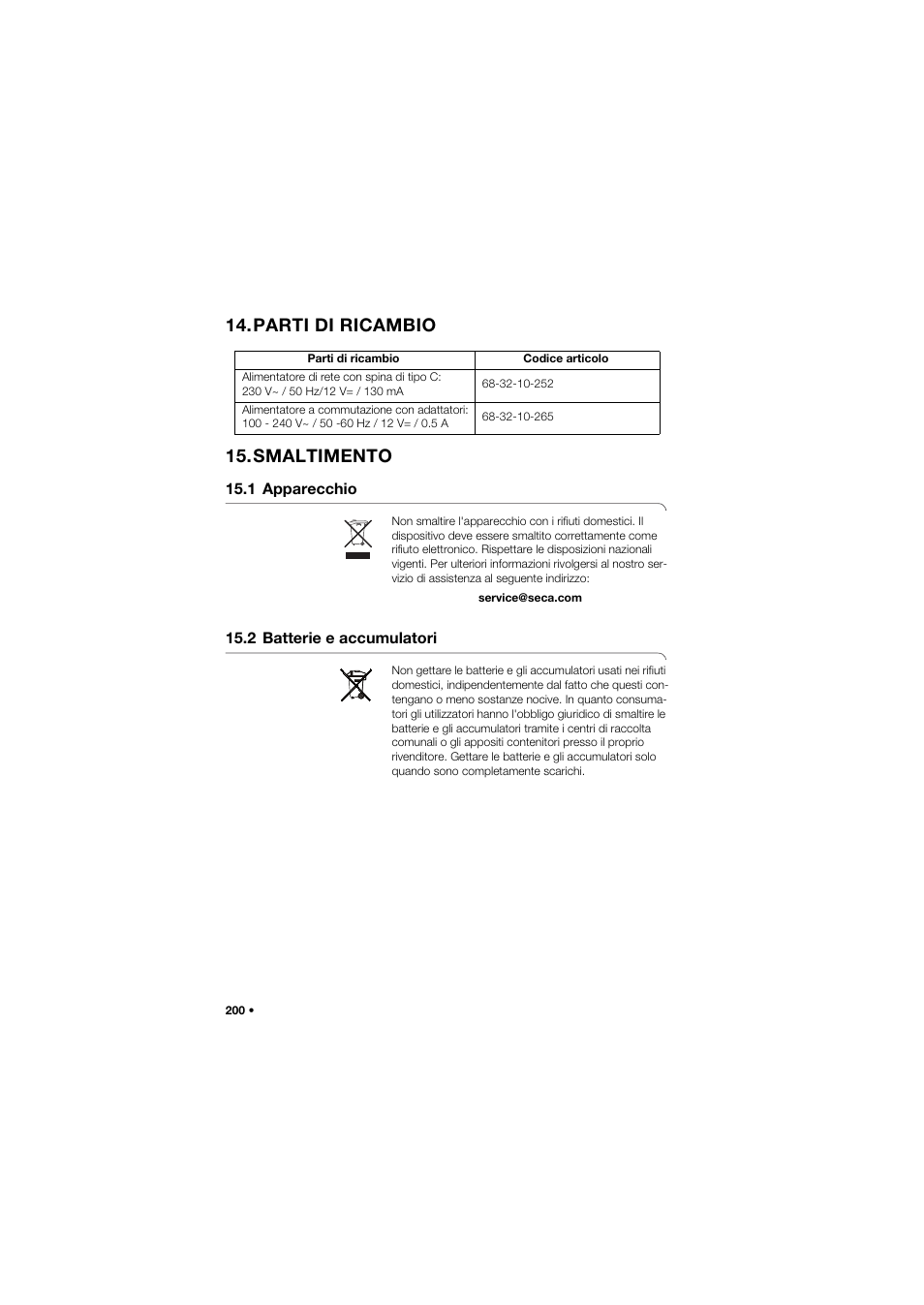 Parti di ricambio, Smaltimento, 1 apparecchio | 2 batterie e accumulatori, Parti di ricambio 15.smaltimento | Seca 634 User Manual | Page 200 / 363