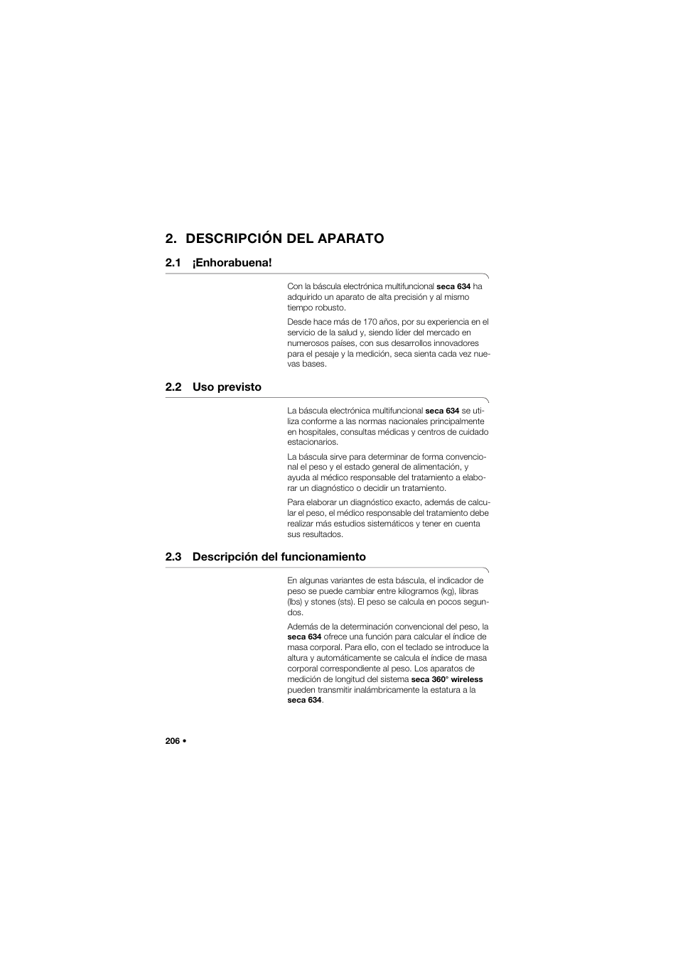 Descripción del aparato, 1 ¡enhorabuena, 2 uso previsto | 3 descripción del funcionamiento | Seca 634 User Manual | Page 206 / 363