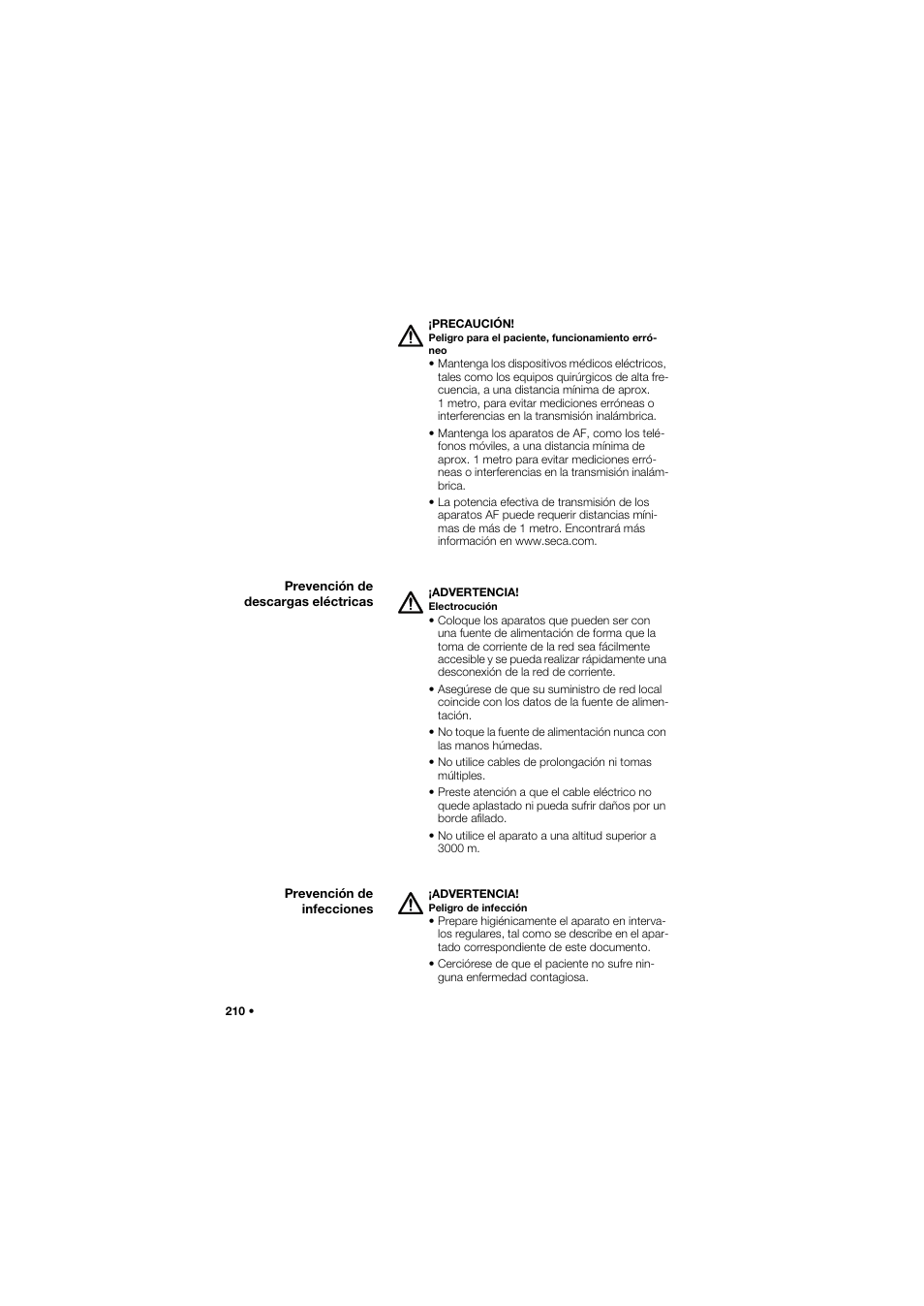 Prevención de descargas eléctricas, Prevención de infecciones | Seca 634 User Manual | Page 210 / 363