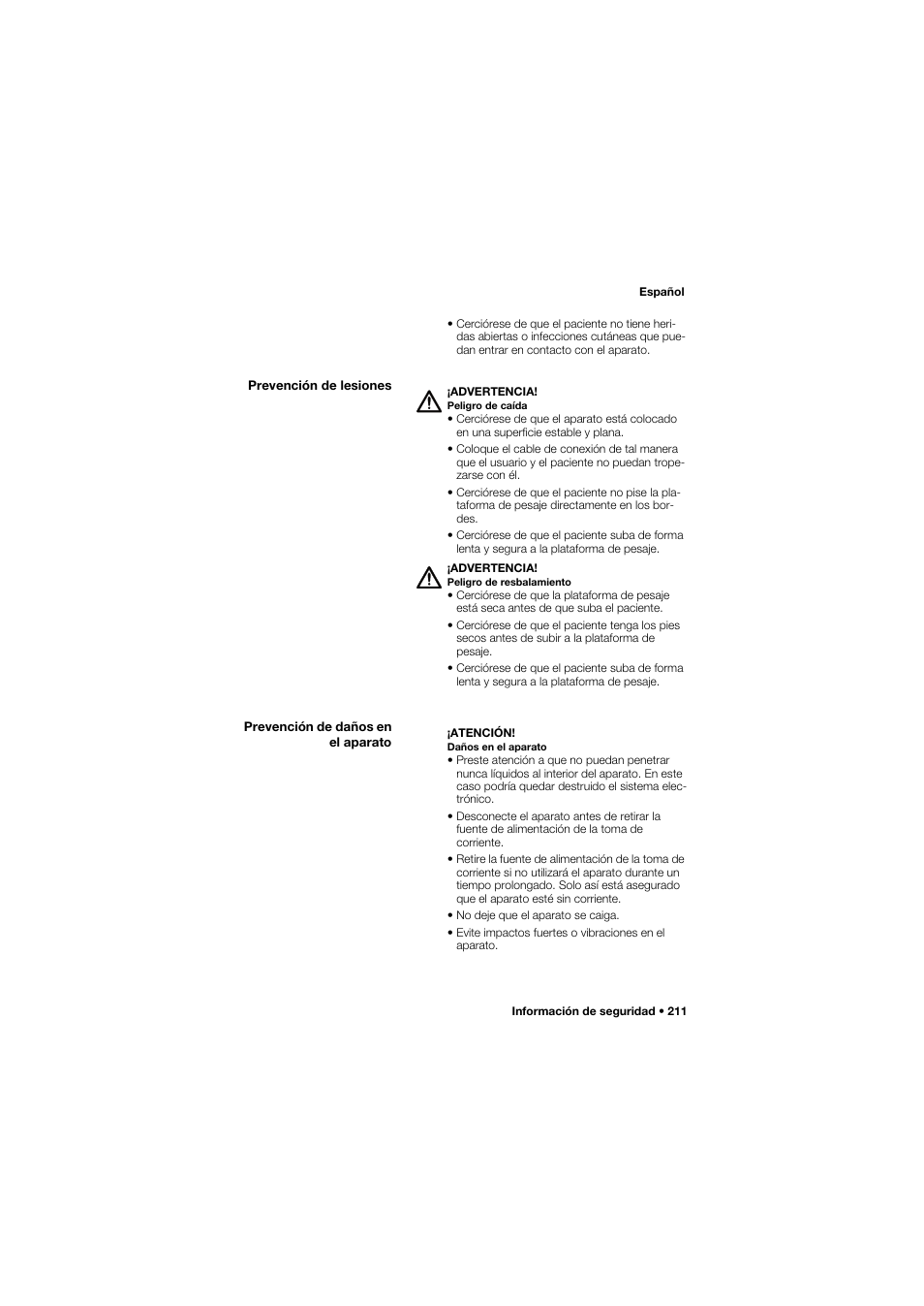 Prevención de lesiones, Prevención de daños en el aparato | Seca 634 User Manual | Page 211 / 363