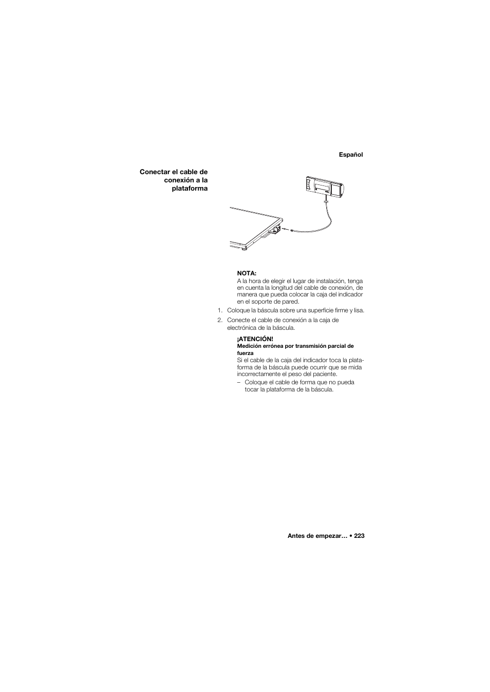 Conectar el cable de conexión a la plataforma | Seca 634 User Manual | Page 223 / 363