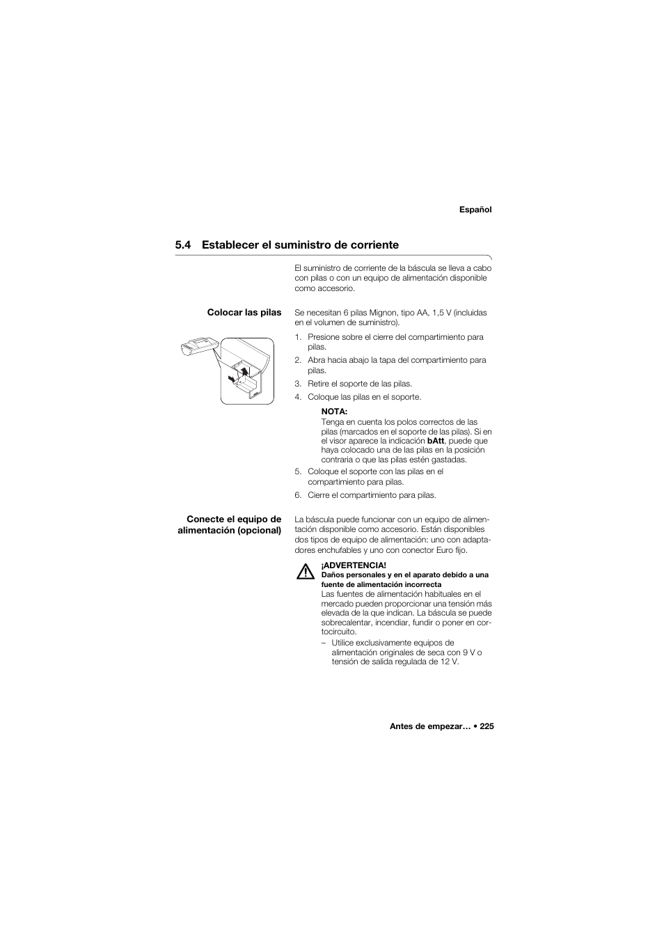 4 establecer el suministro de corriente, Colocar las pilas | Seca 634 User Manual | Page 225 / 363