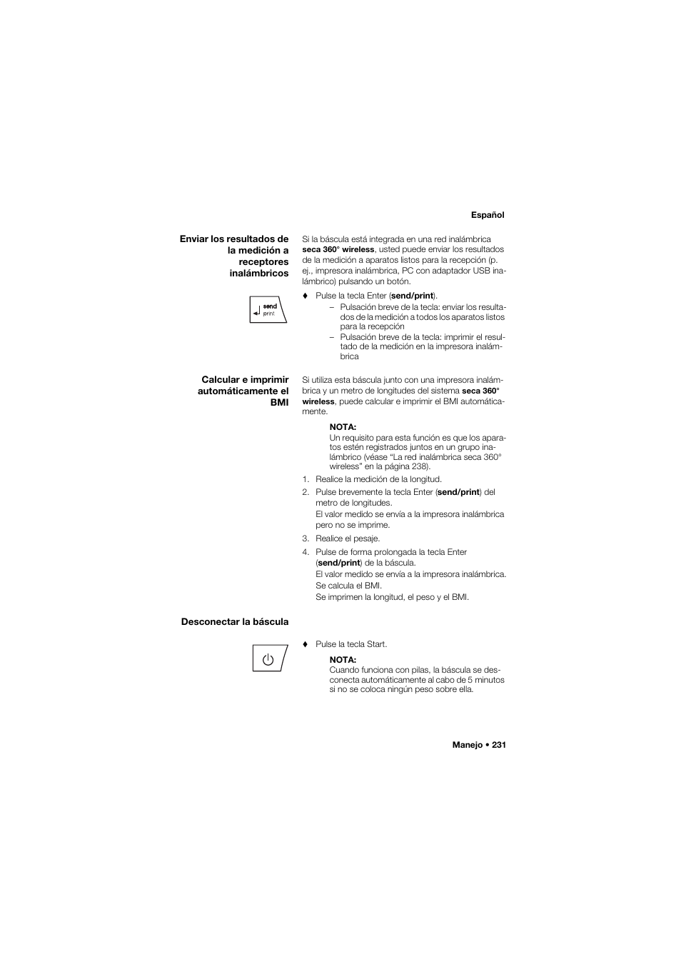 Calcular e imprimir automáticamente el bmi, Desconectar la báscula | Seca 634 User Manual | Page 231 / 363