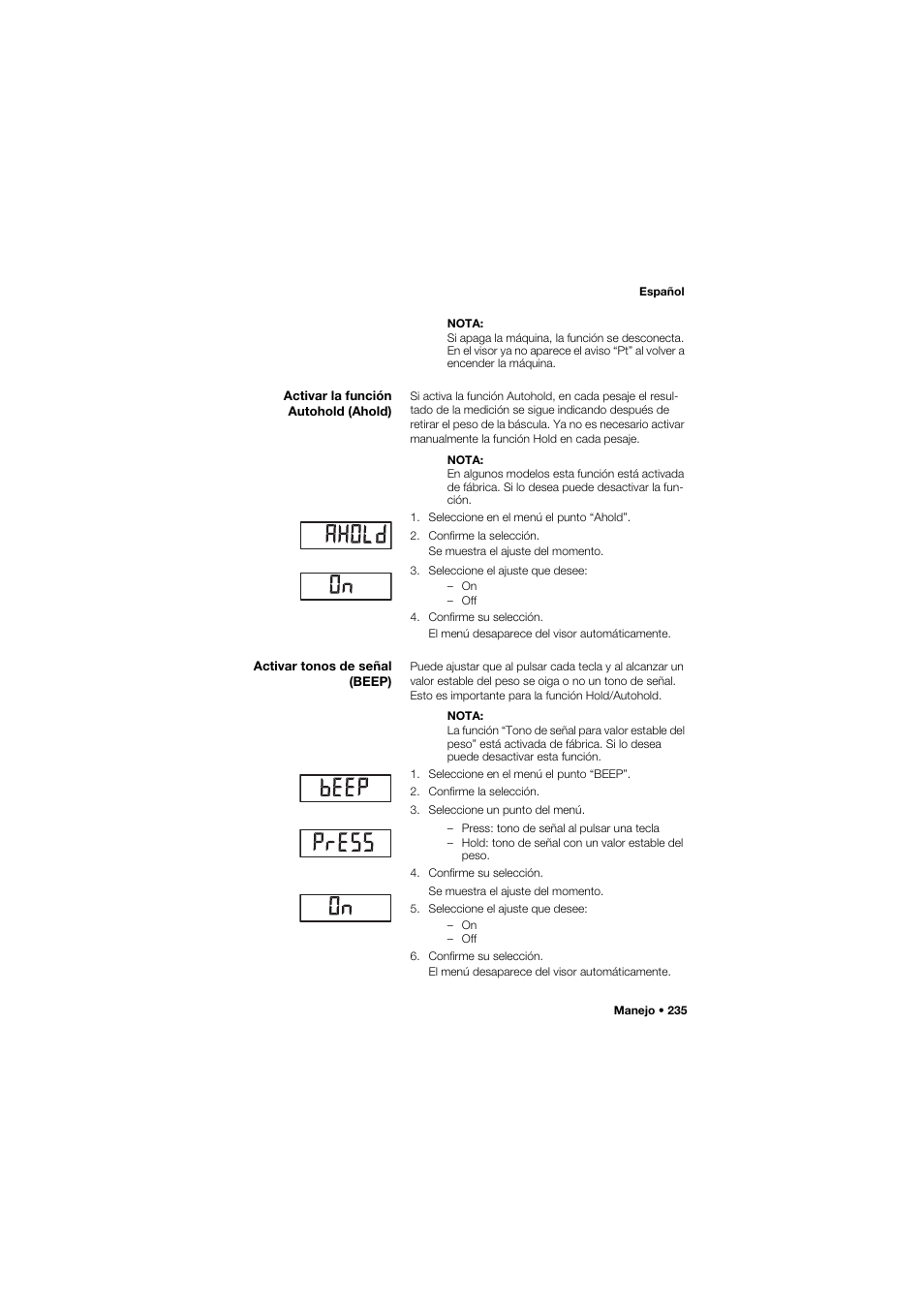 Activar la función autohold (ahold), Activar tonos de señal (beep) | Seca 634 User Manual | Page 235 / 363