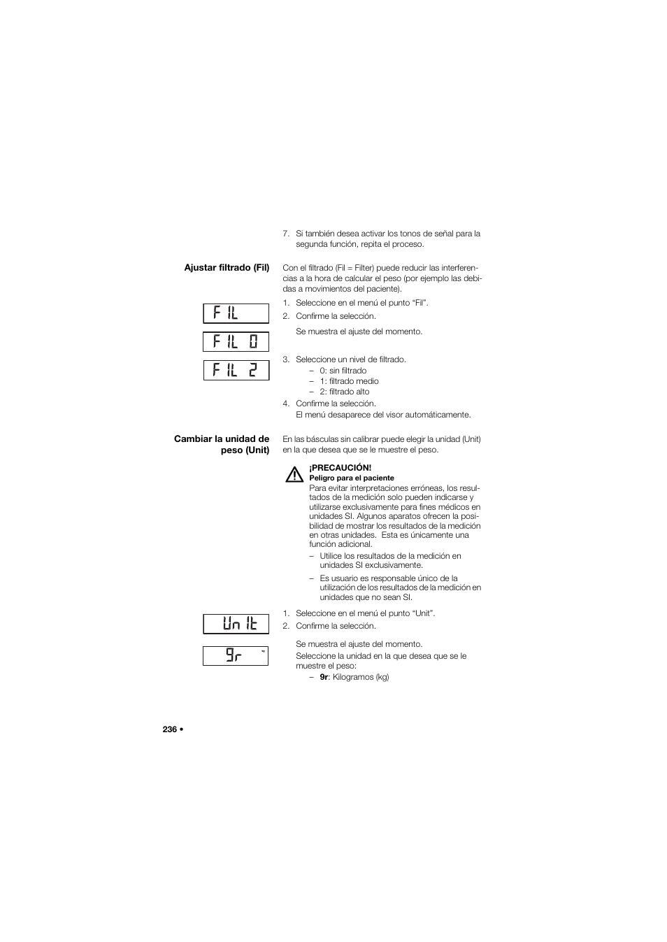 Ajustar filtrado (fil), Cambiar la unidad de peso (unit) | Seca 634 User Manual | Page 236 / 363