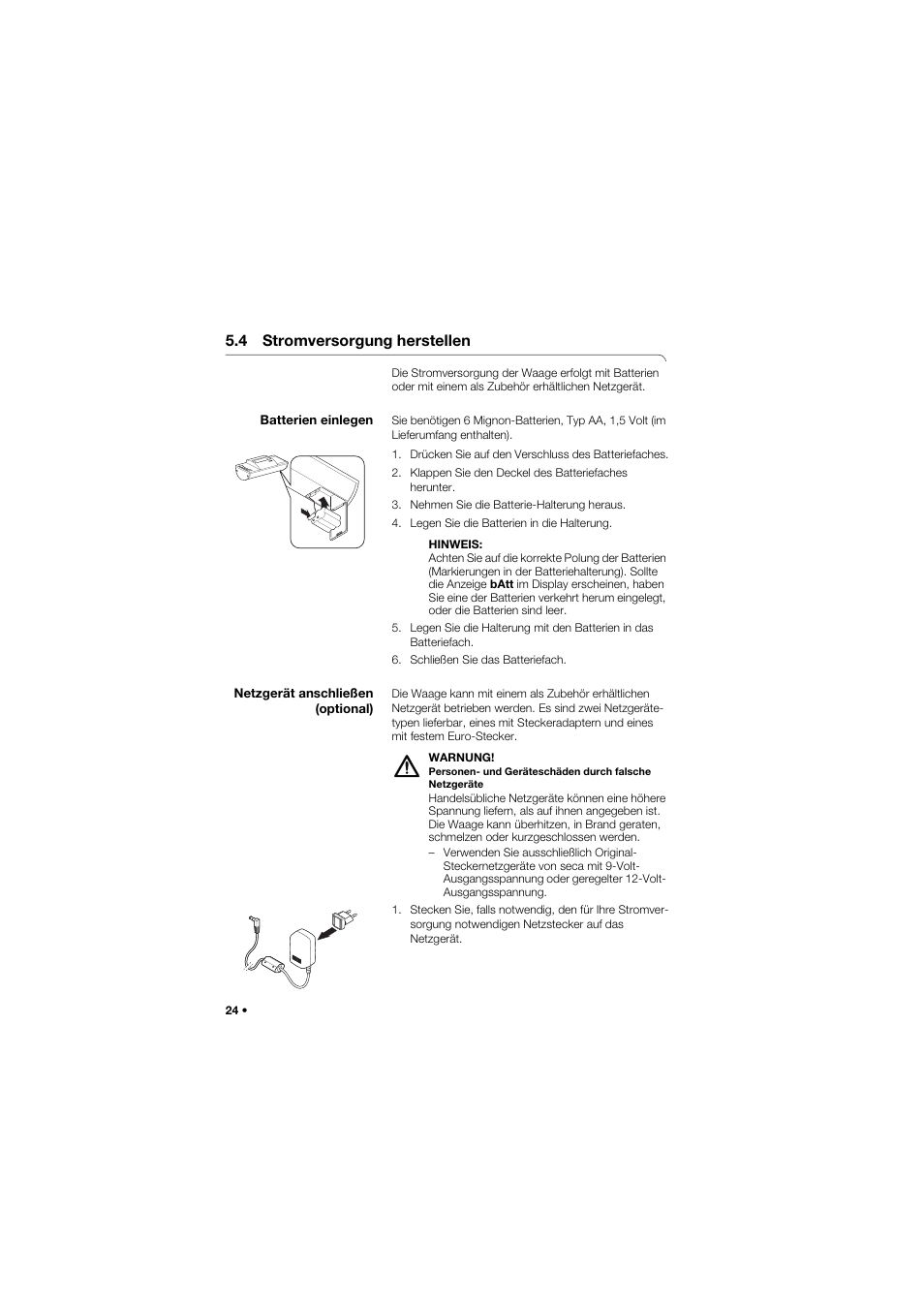 4 stromversorgung herstellen, Batterien einlegen | Seca 634 User Manual | Page 24 / 363