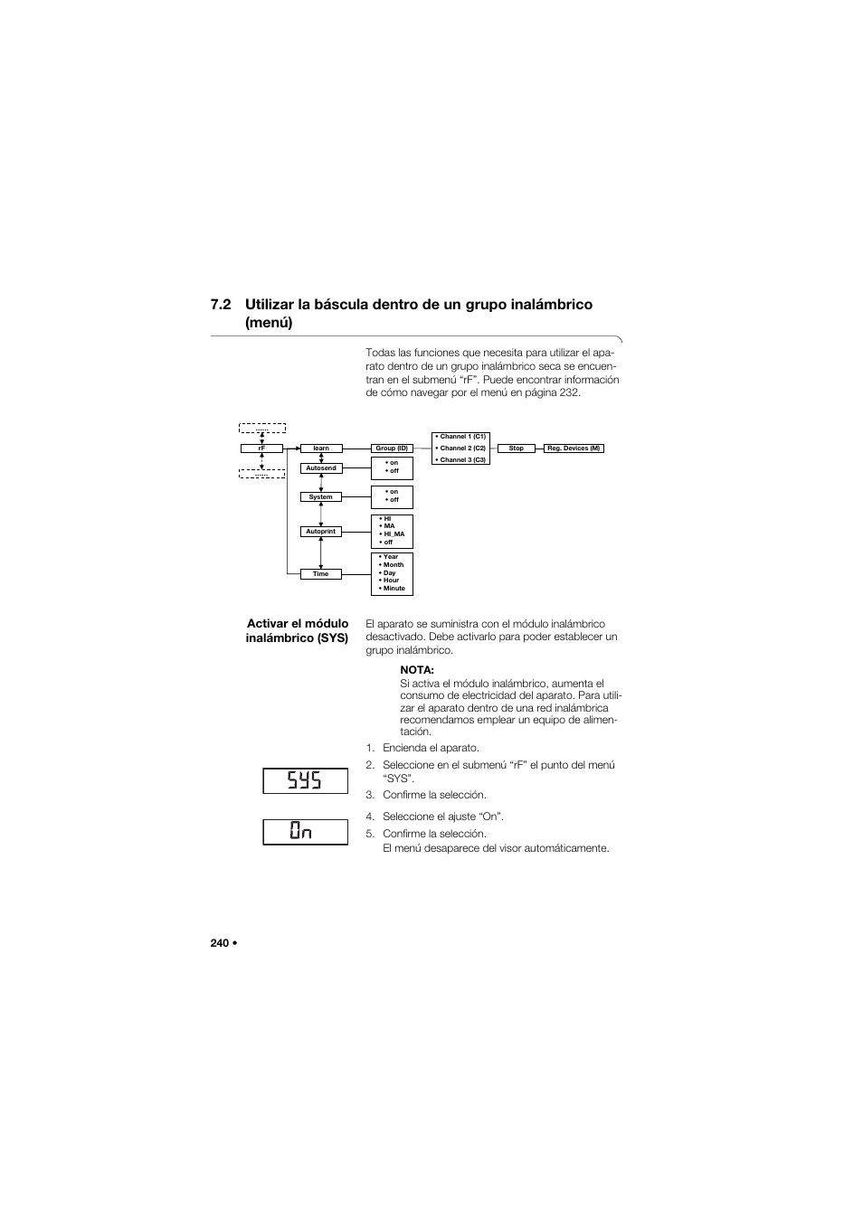 Activar el módulo inalámbrico (sys), 2 utilizar la báscula dentro de un, Grupo inalámbrico (menú) | Seca 634 User Manual | Page 240 / 363