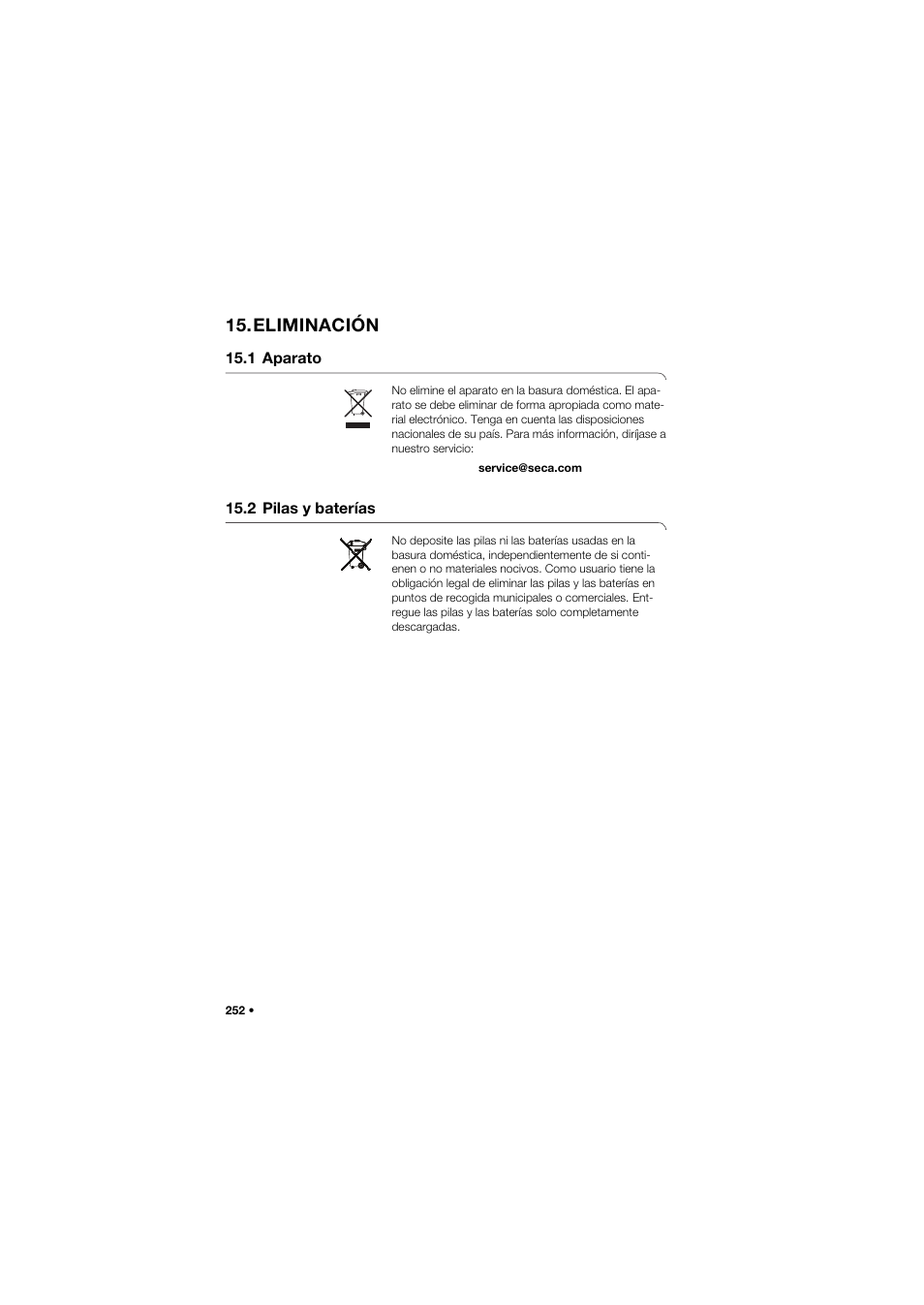 Eliminación, 1 aparato, 2 pilas y baterías | Seca 634 User Manual | Page 252 / 363