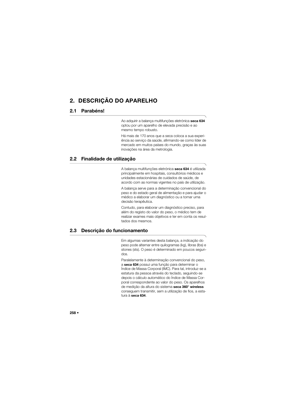 Descrição do aparelho, 1 parabéns, 2 finalidade de utilização | 3 descrição do funcionamento | Seca 634 User Manual | Page 258 / 363