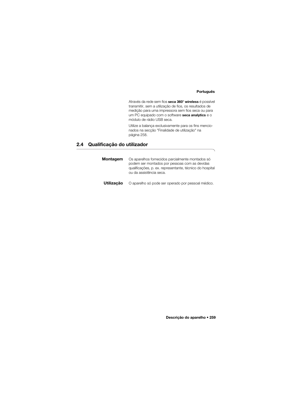 4 qualificação do utilizador, Montagem, Utilização | Seca 634 User Manual | Page 259 / 363