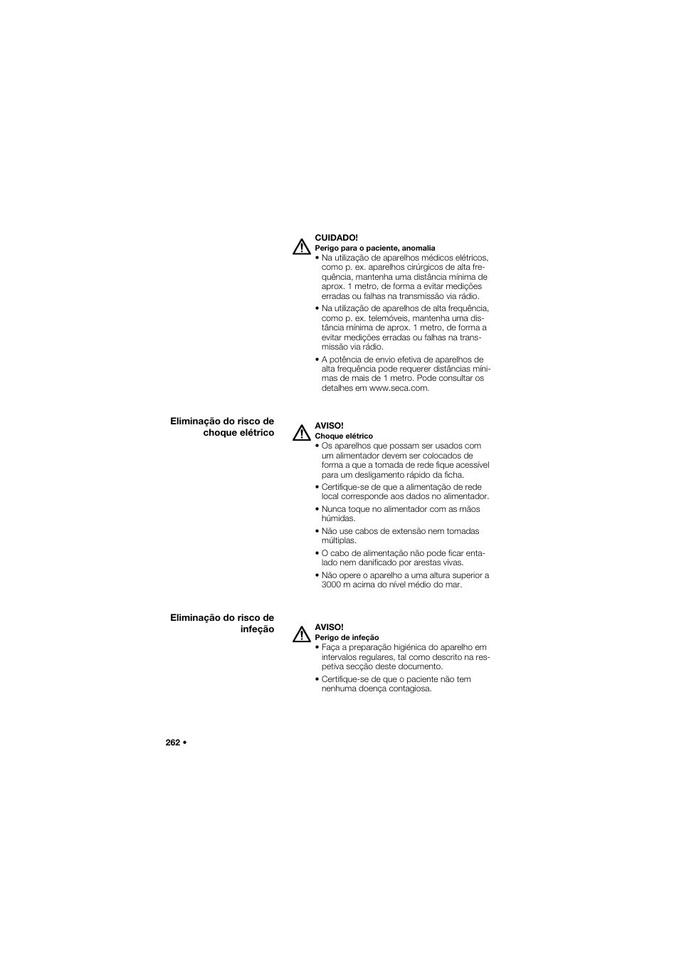 Eliminação do risco de choque elétrico, Eliminação do risco de infeção | Seca 634 User Manual | Page 262 / 363