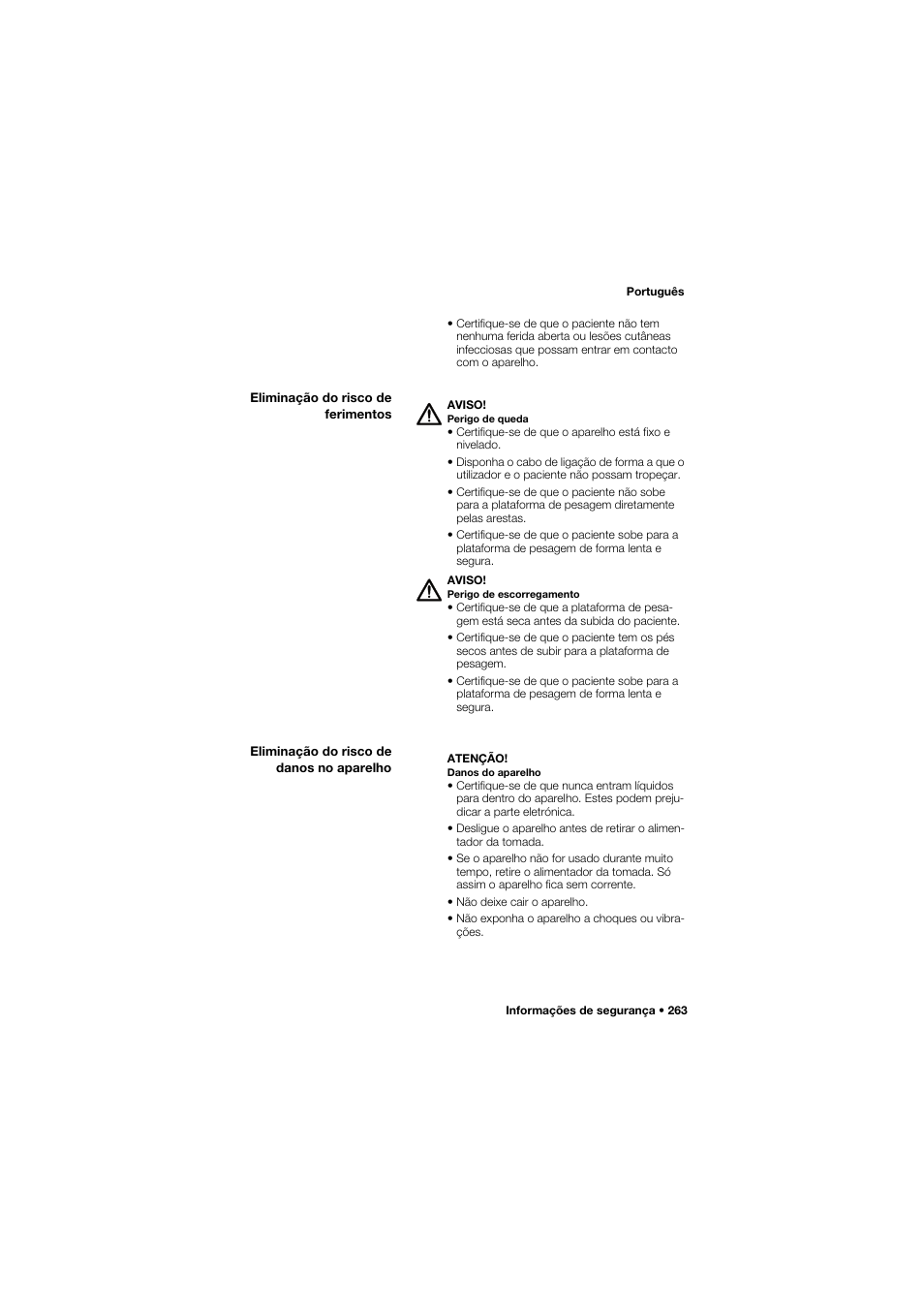 Eliminação do risco de ferimentos, Eliminação do risco de danos no aparelho | Seca 634 User Manual | Page 263 / 363