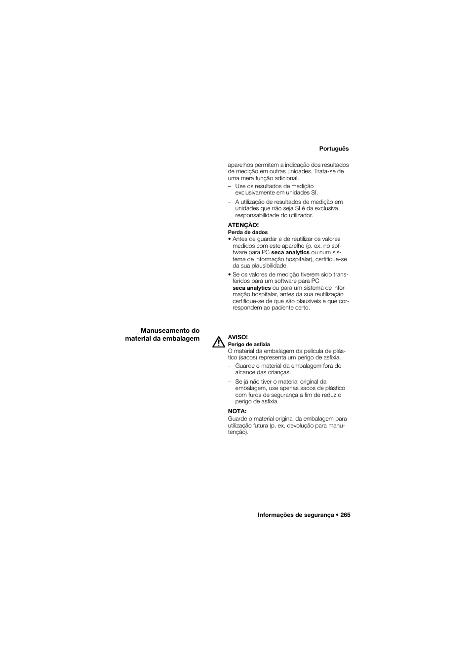 Manuseamento do material da embalagem | Seca 634 User Manual | Page 265 / 363