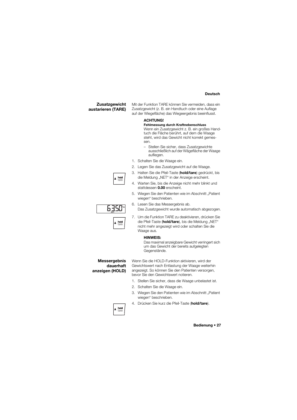 Zusatzgewicht austarieren (tare), Messergebnis dauerhaft anzeigen (hold) | Seca 634 User Manual | Page 27 / 363