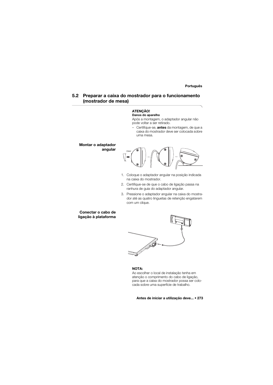 Montar o adaptador angular, Conectar o cabo de ligação à plataforma | Seca 634 User Manual | Page 273 / 363