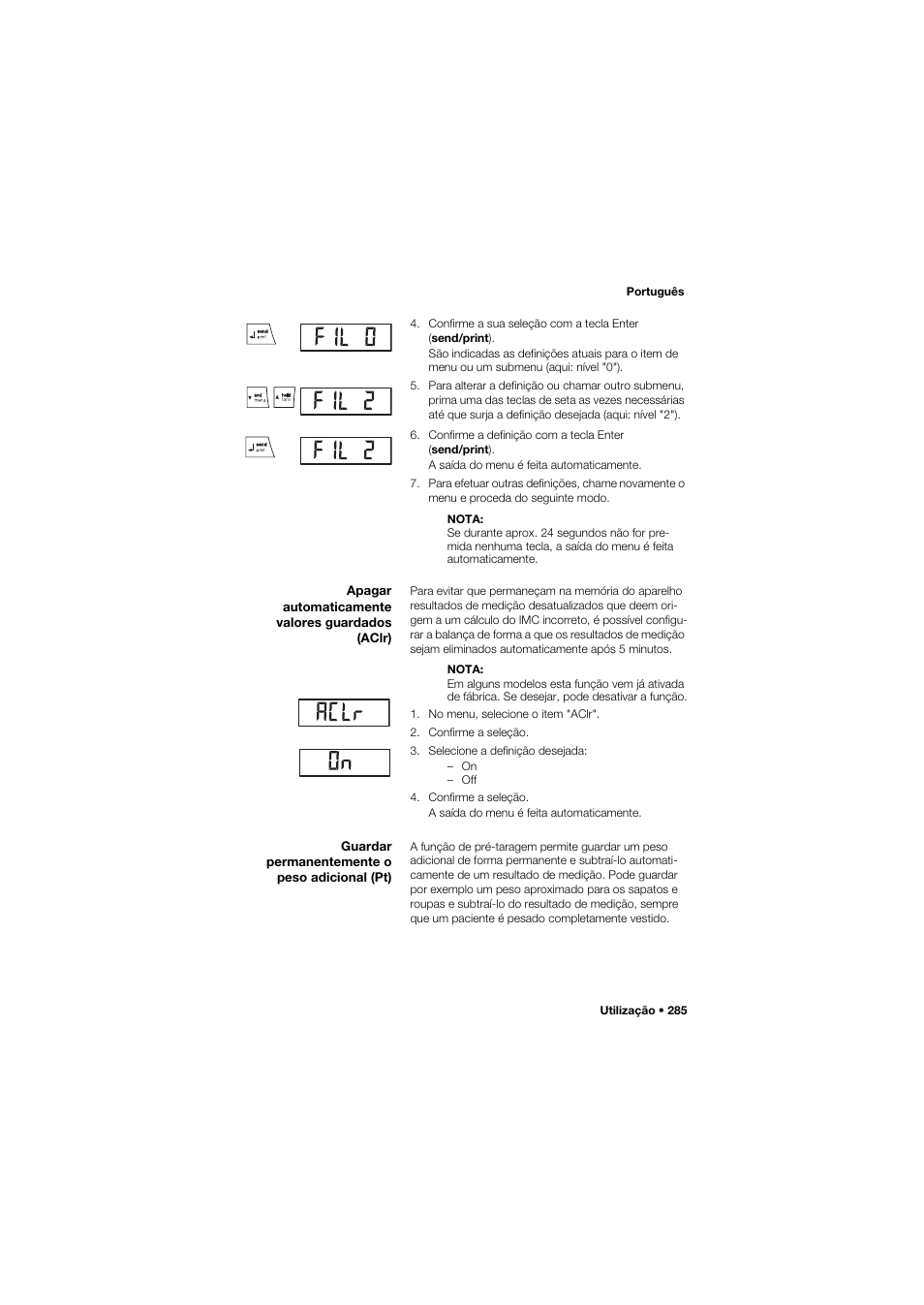 Apagar automaticamente valores guardados (aclr), Guardar permanentemente o peso adicional (pt) | Seca 634 User Manual | Page 285 / 363