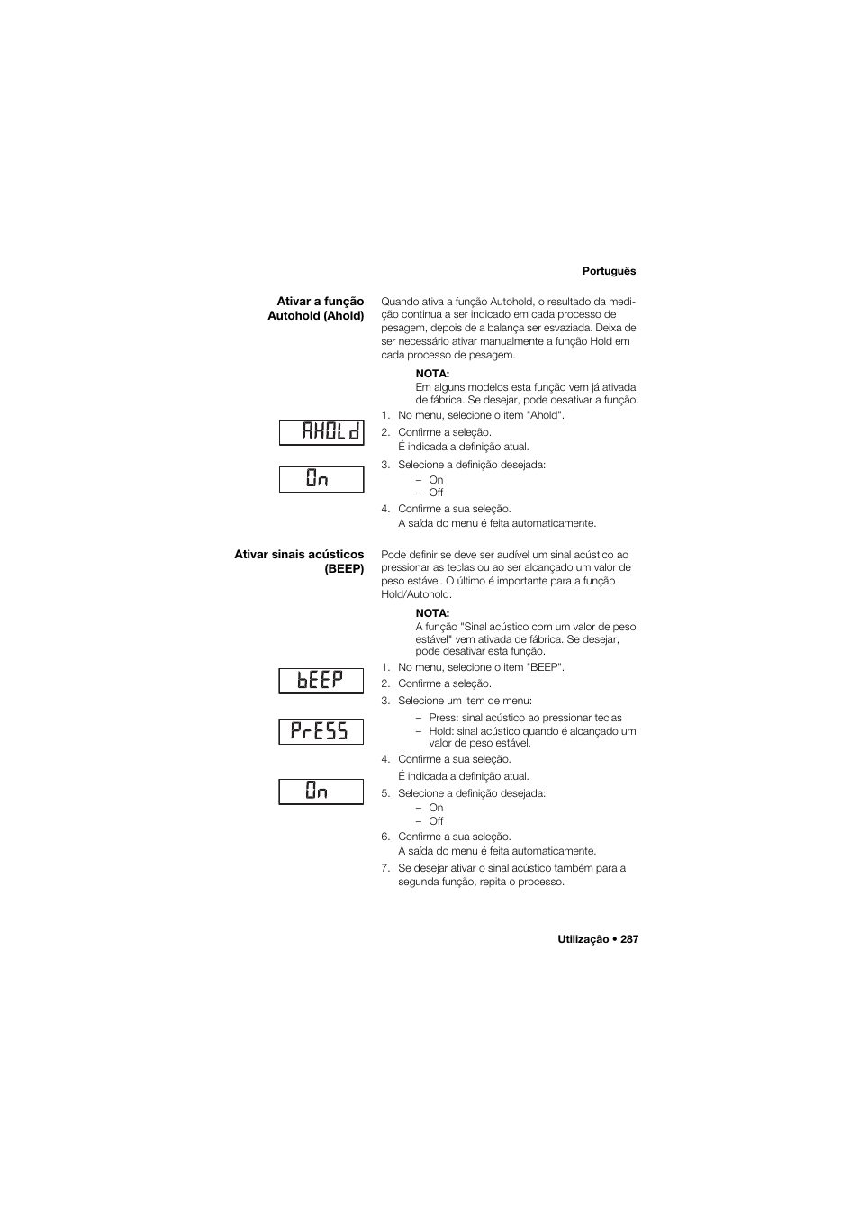 Ativar a função autohold (ahold), Ativar sinais acústicos (beep) | Seca 634 User Manual | Page 287 / 363