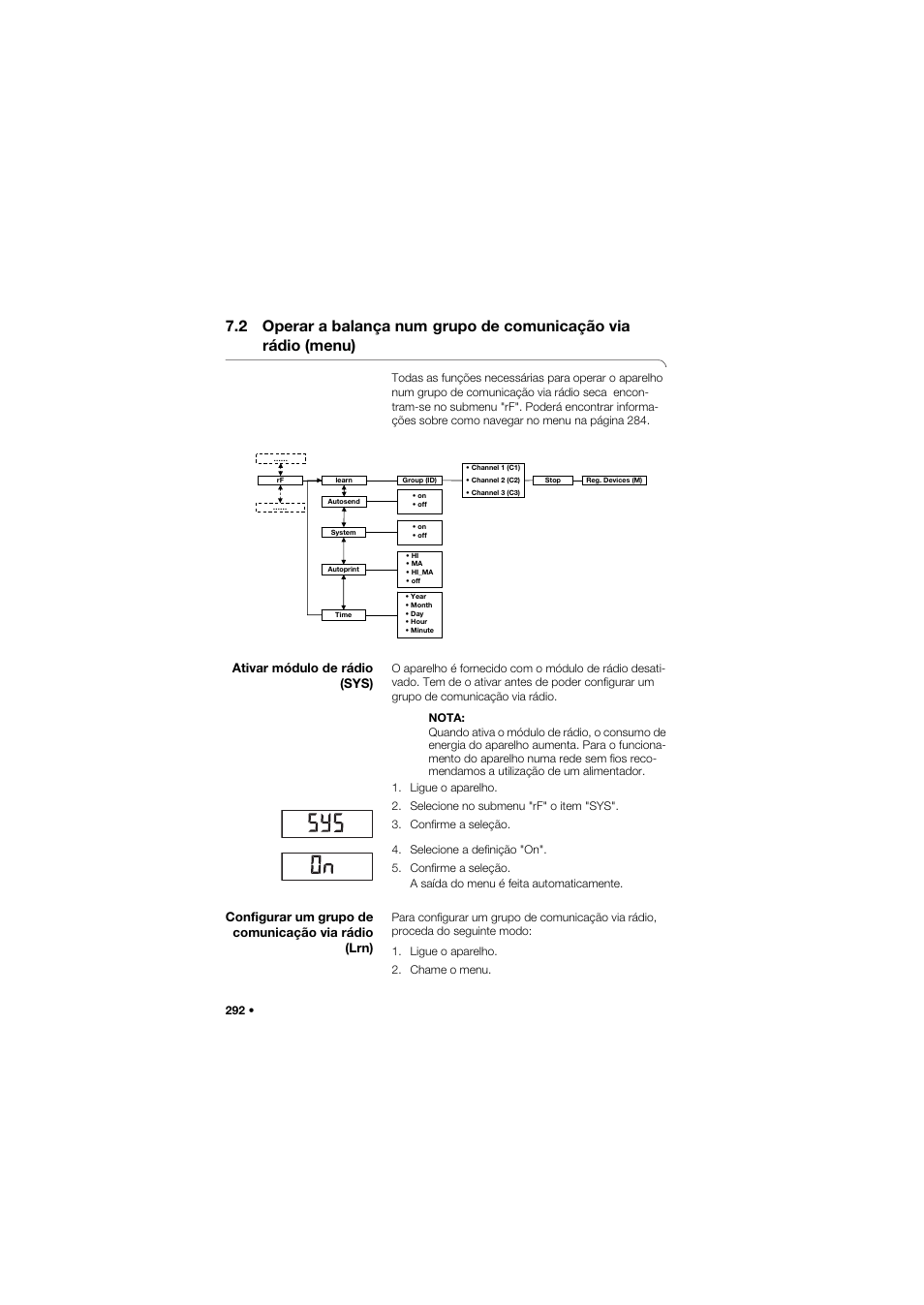 Ativar módulo de rádio (sys), Configurar um grupo de comunicação via rádio (lrn), 2 operar a balança num | Grupo de comunicação via rádio (menu) | Seca 634 User Manual | Page 292 / 363