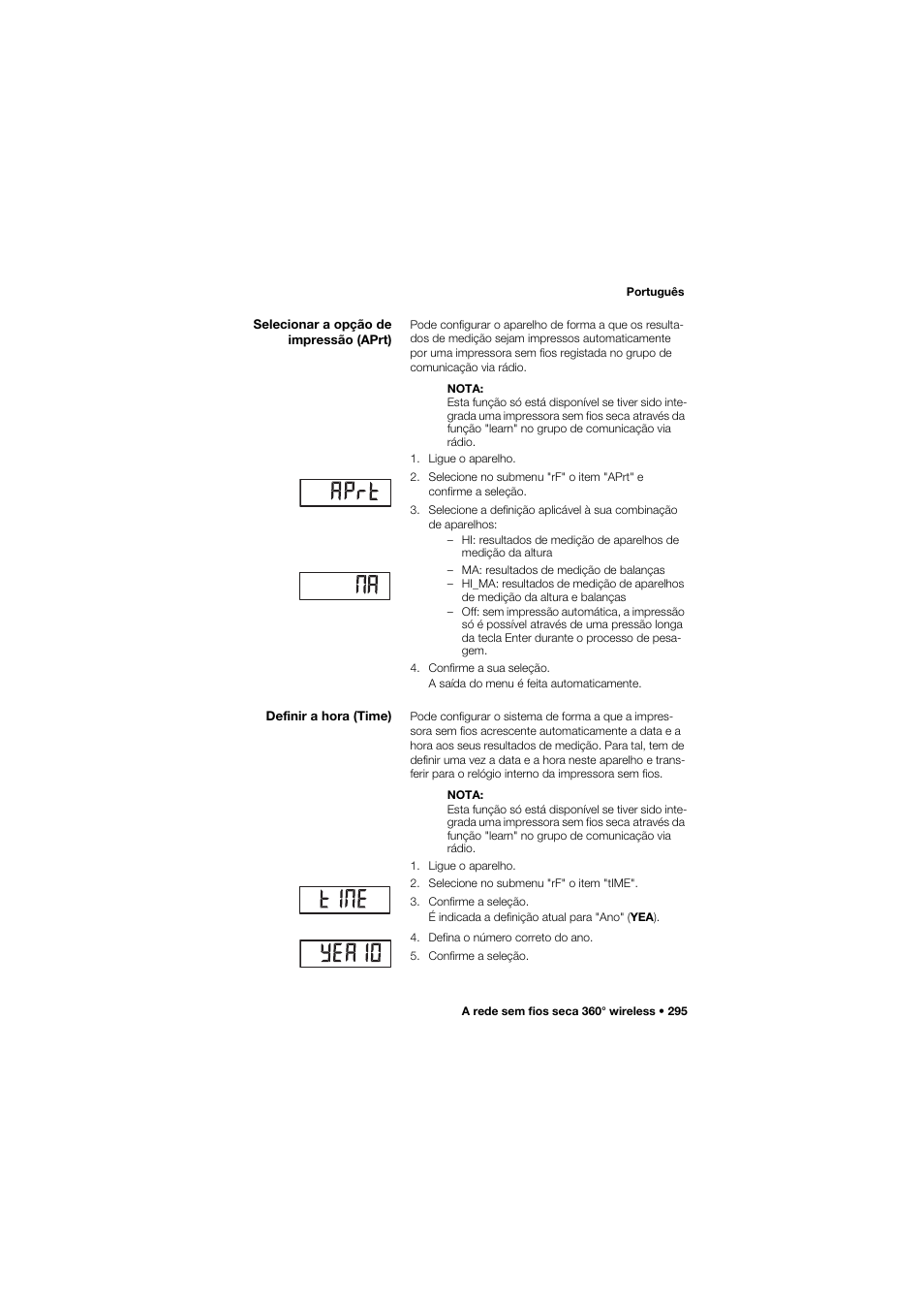 Selecionar a opção de impressão (aprt), Definir a hora (time) | Seca 634 User Manual | Page 295 / 363