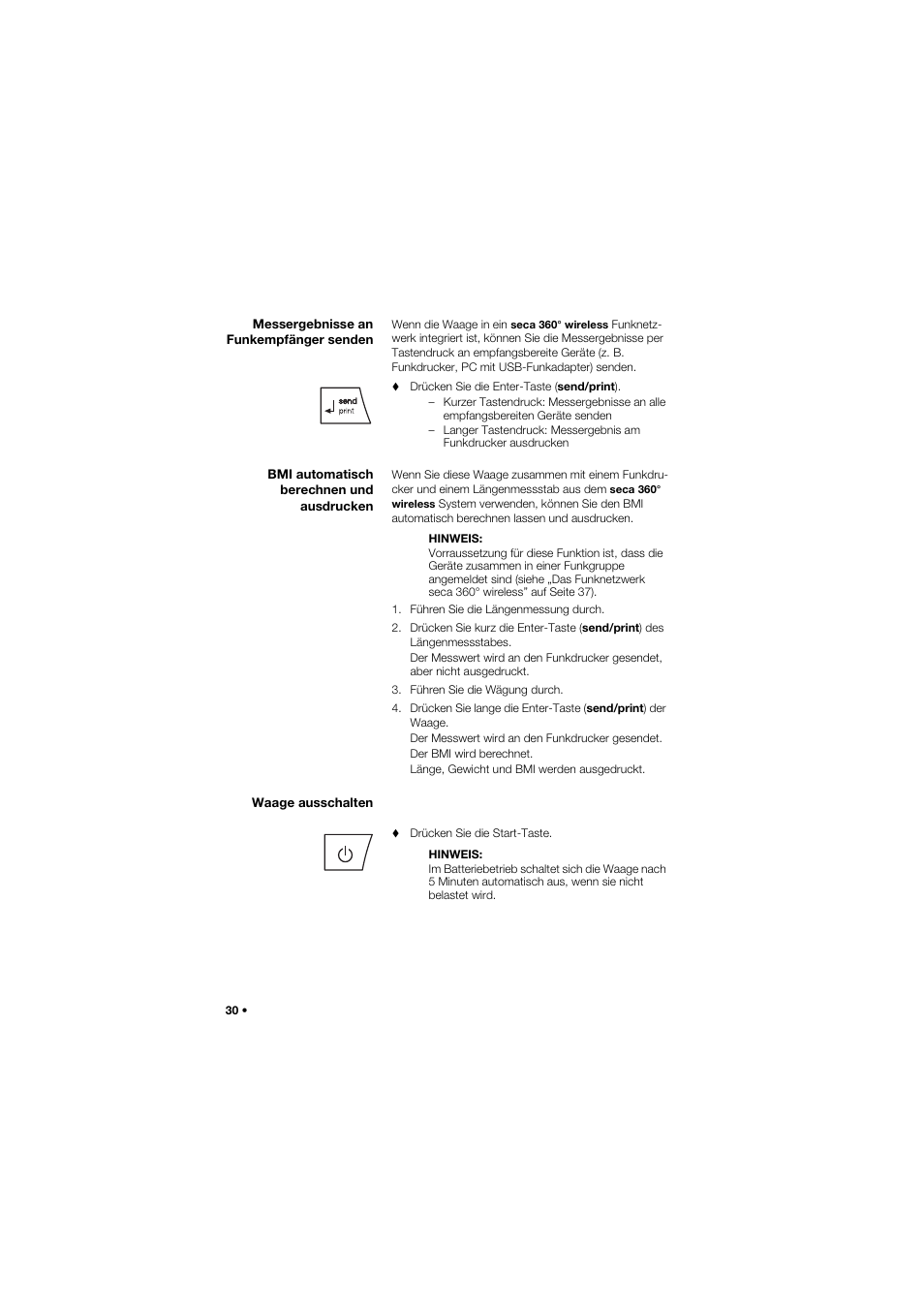 Messergebnisse an funkempfänger senden, Bmi automatisch berechnen und ausdrucken, Waage ausschalten | Seca 634 User Manual | Page 30 / 363