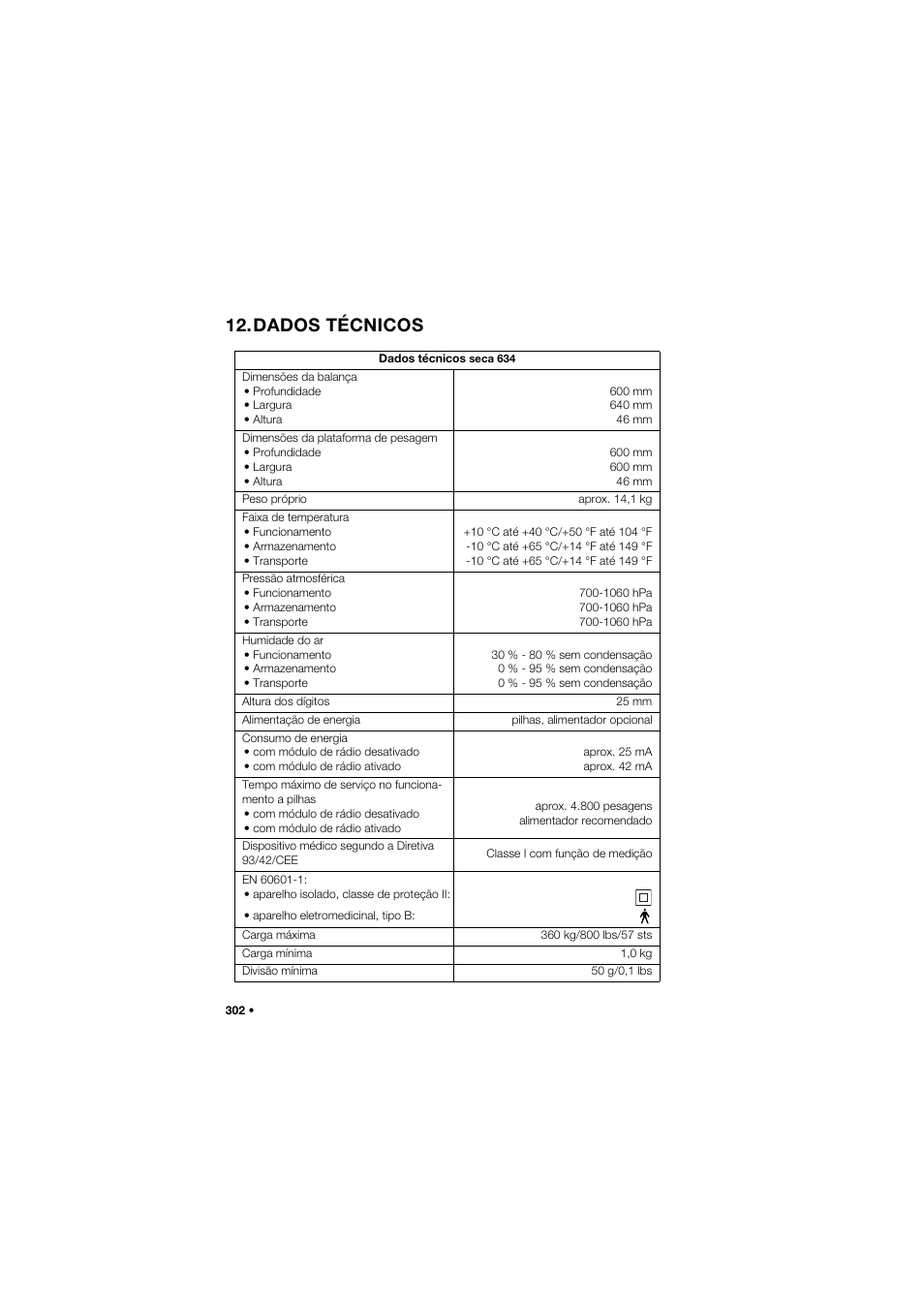 Dados técnicos | Seca 634 User Manual | Page 302 / 363