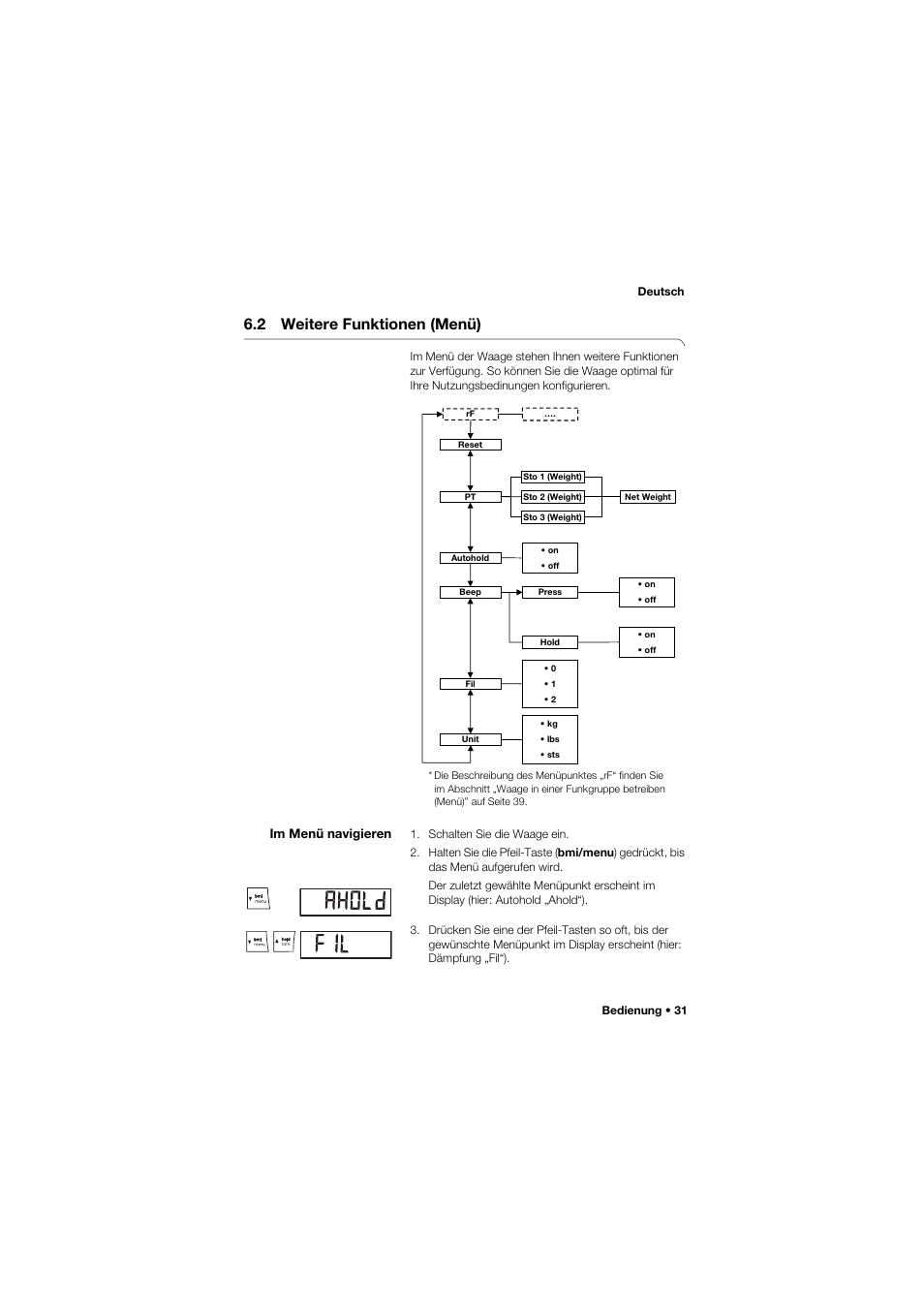 2 weitere funktionen (menü), Im menü navigieren | Seca 634 User Manual | Page 31 / 363