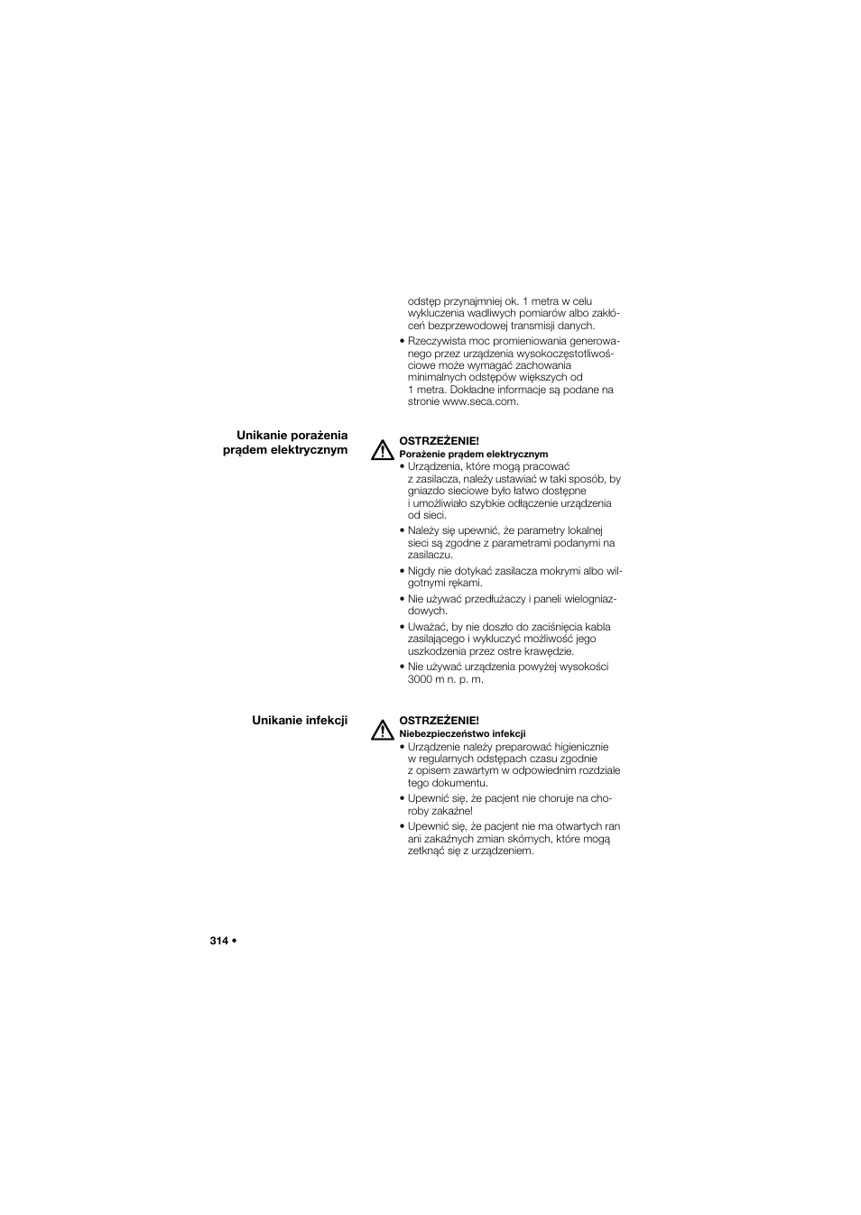 Unikanie porażenia prądem elektrycznym, Unikanie infekcji | Seca 634 User Manual | Page 314 / 363