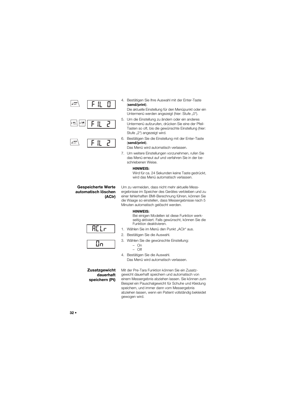 Gespeicherte werte automatisch löschen (aclr), Zusatzgewicht dauerhaft speichern (pt) | Seca 634 User Manual | Page 32 / 363