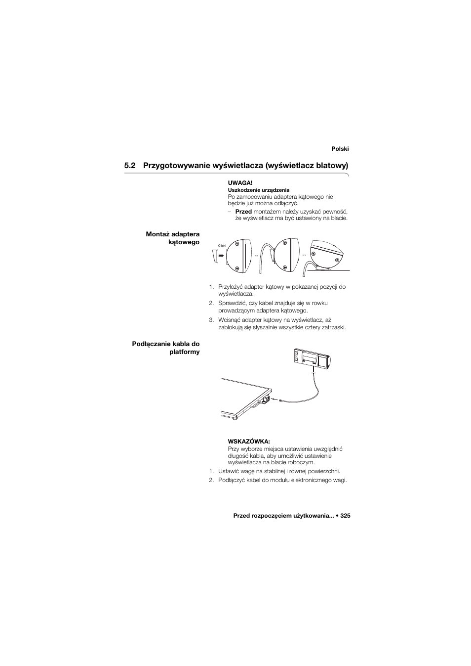 Montaż adaptera kątowego, Podłączanie kabla do platformy | Seca 634 User Manual | Page 325 / 363