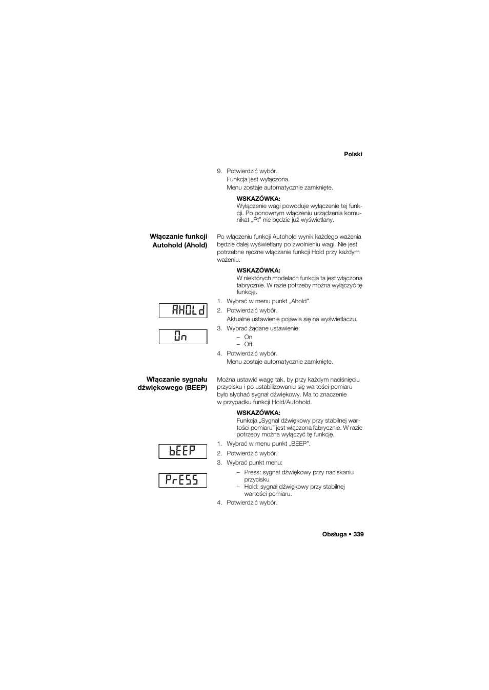 Włączanie funkcji autohold (ahold), Włączanie sygnału dźwiękowego (beep) | Seca 634 User Manual | Page 339 / 363