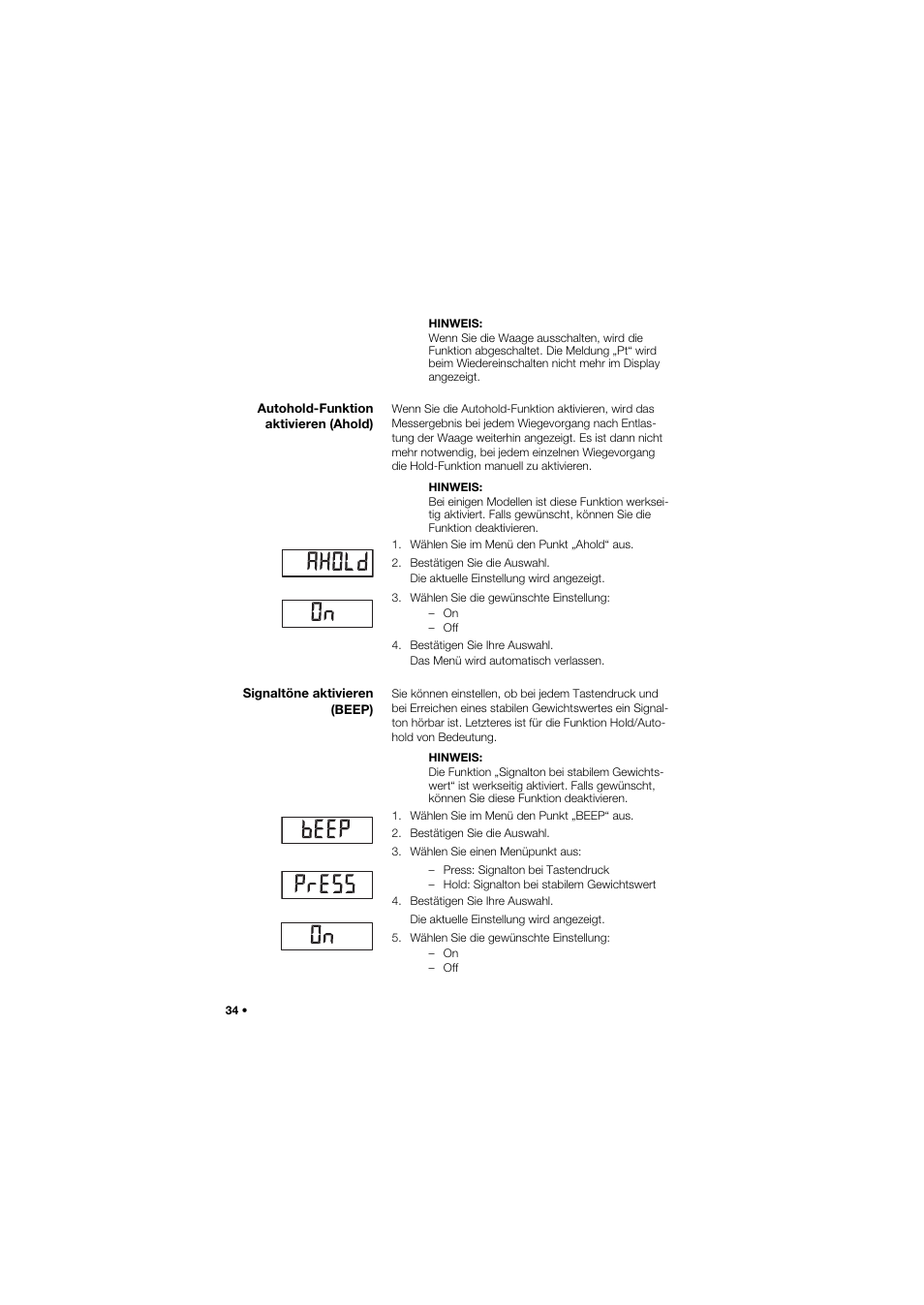 Autohold-funktion aktivieren (ahold), Signaltöne aktivieren (beep) | Seca 634 User Manual | Page 34 / 363