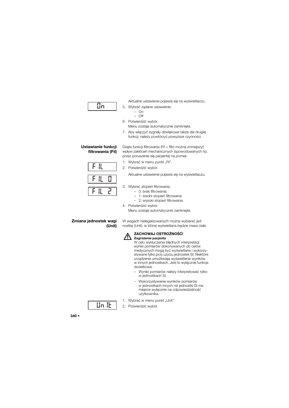 Ustawianie funkcji filtrowania (fil), Zmiana jednostek wagi (unit) | Seca 634 User Manual | Page 340 / 363