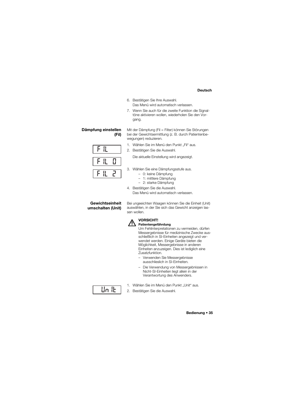 Dämpfung einstellen (fil), Gewichtseinheit umschalten (unit) | Seca 634 User Manual | Page 35 / 363