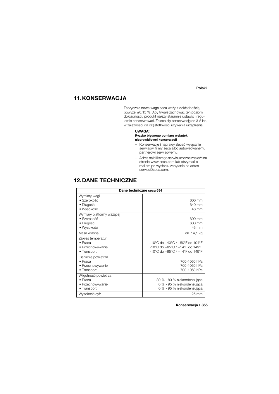 Konserwacja, Dane techniczne | Seca 634 User Manual | Page 355 / 363