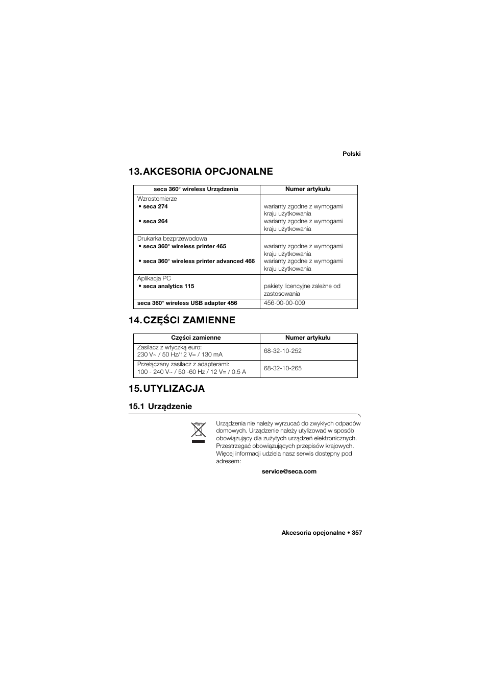 Akcesoria opcjonalne, Części zamienne, Utylizacja | 1 urządzenie | Seca 634 User Manual | Page 357 / 363