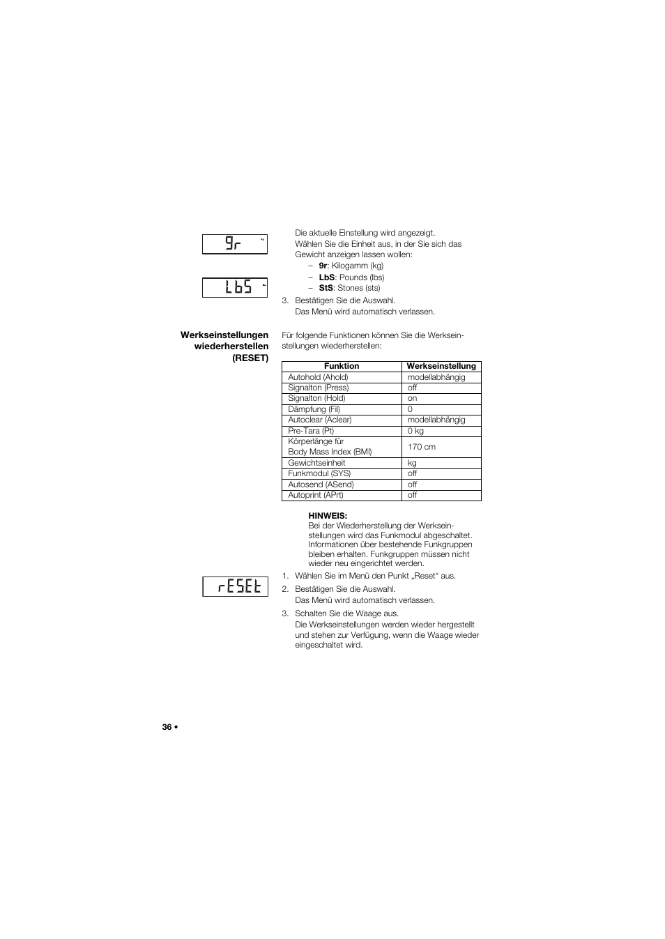 Werkseinstellungen wiederherstellen (reset) | Seca 634 User Manual | Page 36 / 363