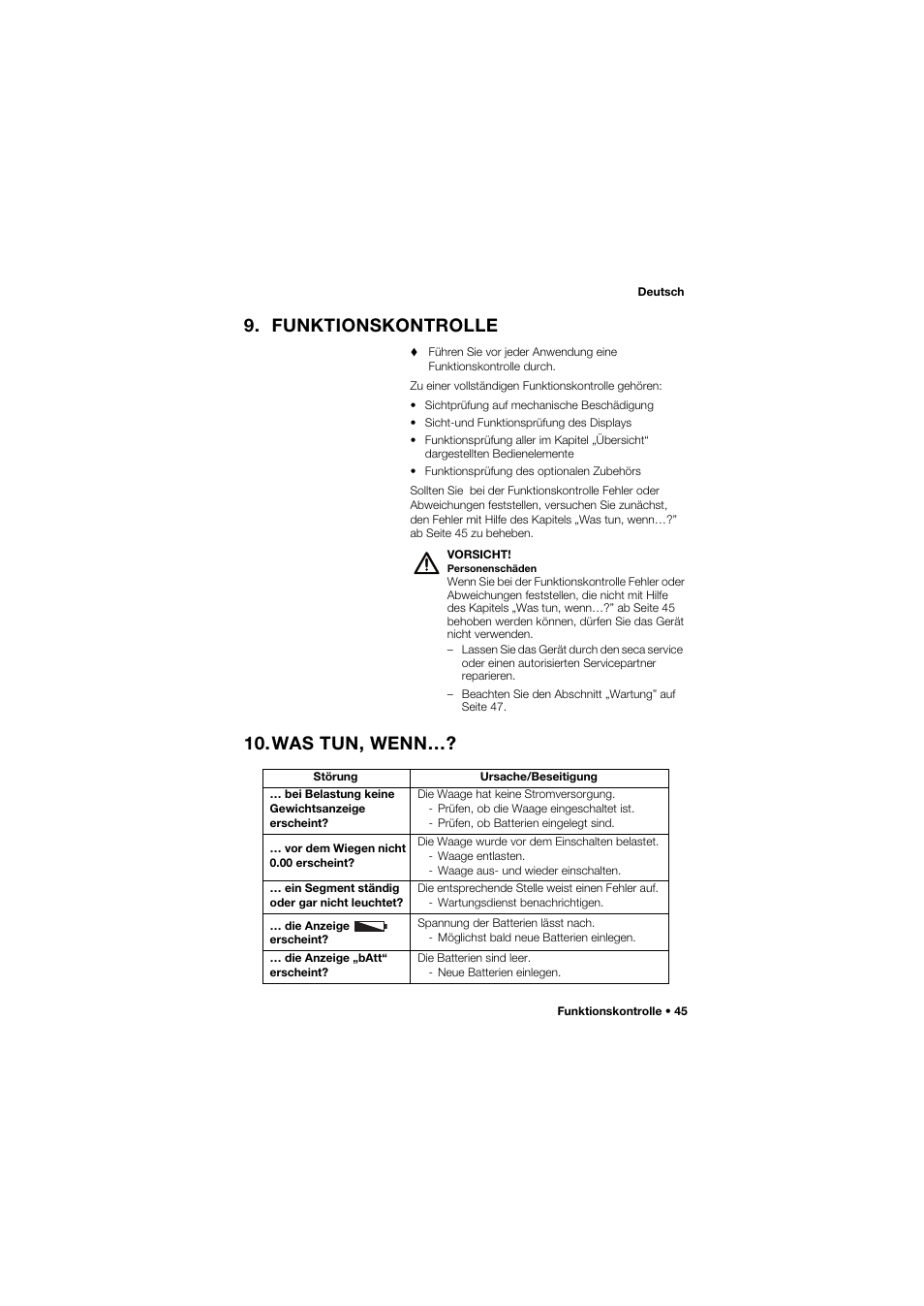 Funktionskontrolle, Was tun, wenn | Seca 634 User Manual | Page 45 / 363