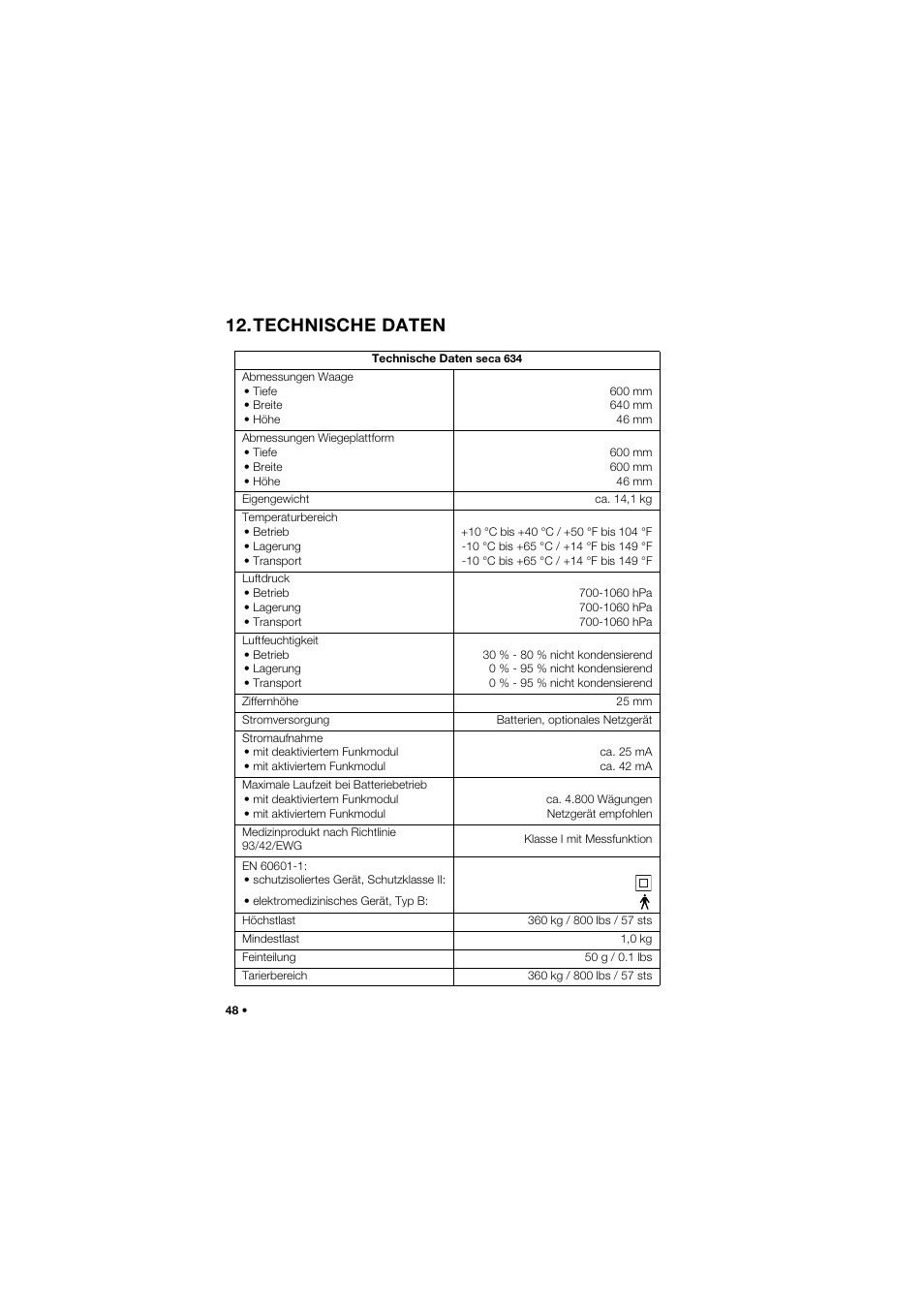 Technische daten | Seca 634 User Manual | Page 48 / 363