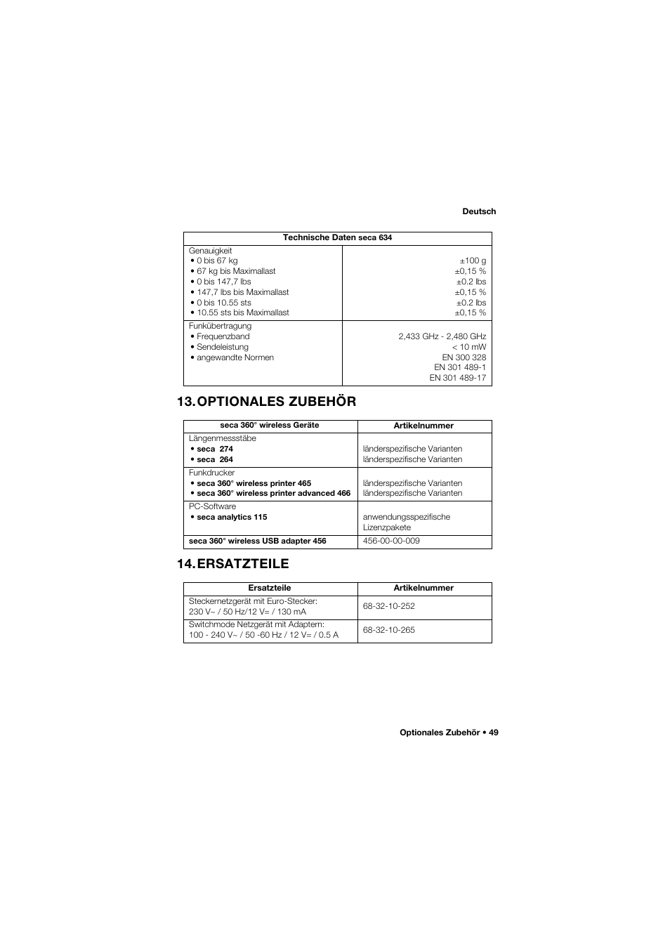 Optionales zubehör, Ersatzteile, Optionales zubehör 14.ersatzteile | Seca 634 User Manual | Page 49 / 363