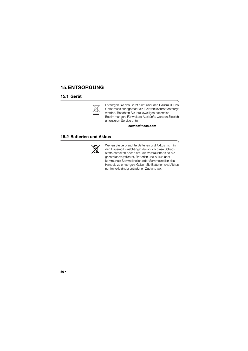 Entsorgung, 1 gerät, 2 batterien und akkus | Seca 634 User Manual | Page 50 / 363