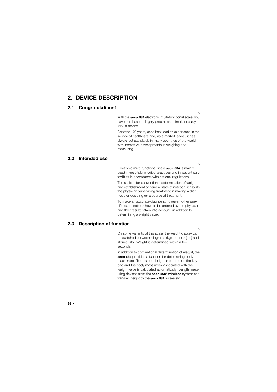 Device description, 1 congratulations, 2 intended use | 3 description of function | Seca 634 User Manual | Page 56 / 363