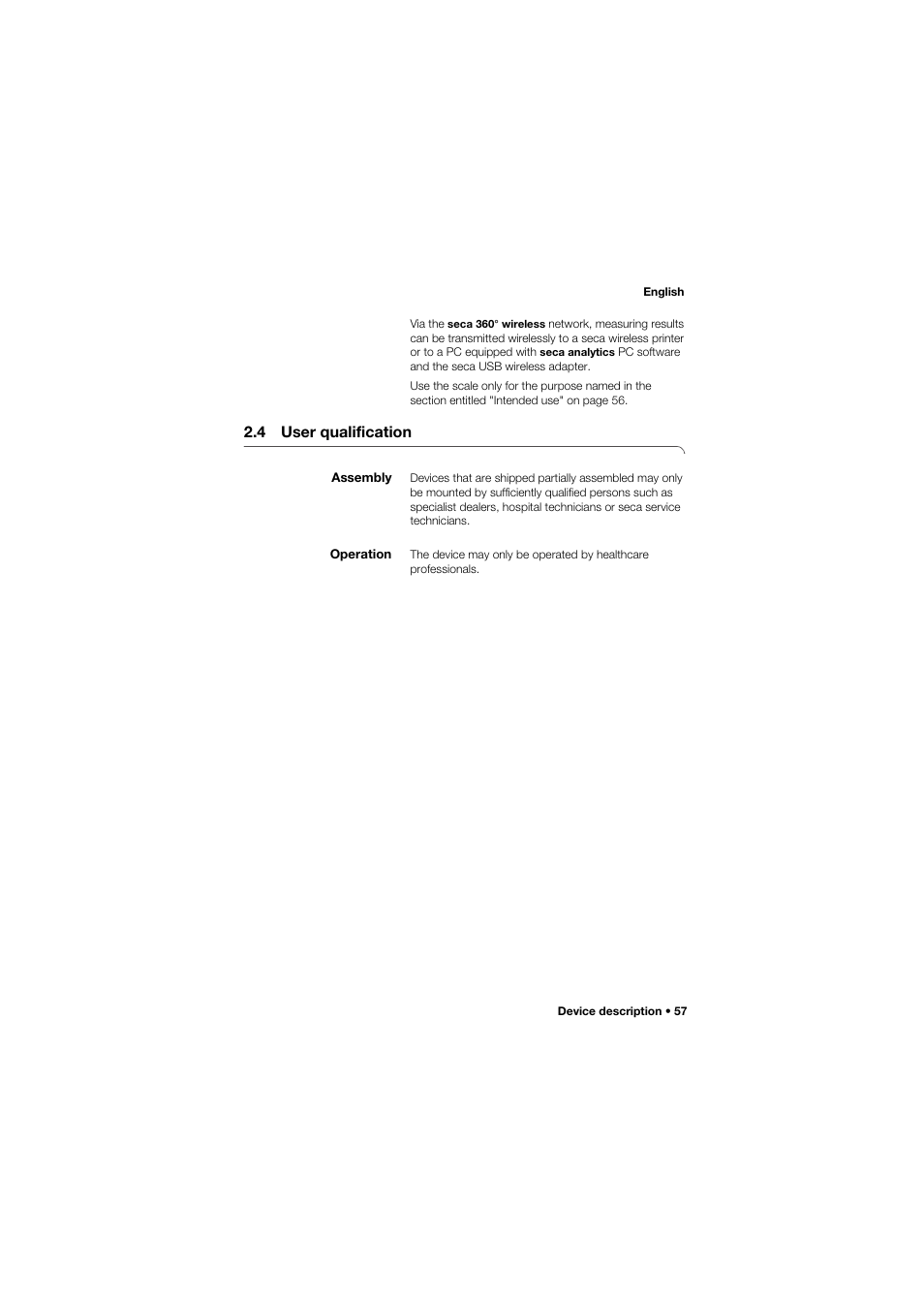 4 user qualification, Assembly, Operation | Seca 634 User Manual | Page 57 / 363