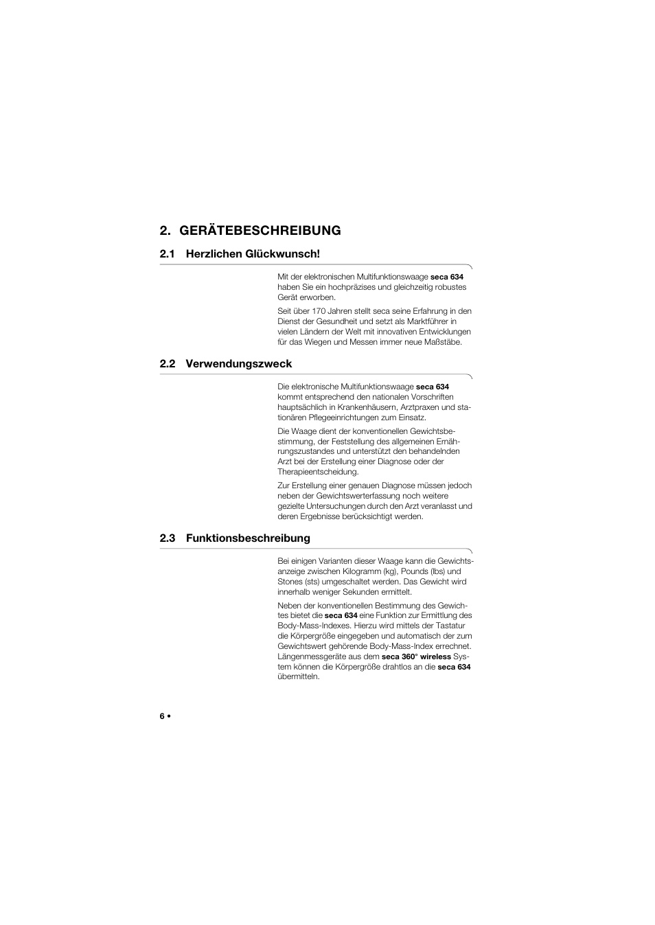 Gerätebeschreibung, 1 herzlichen glückwunsch, 2 verwendungszweck | 3 funktionsbeschreibung | Seca 634 User Manual | Page 6 / 363