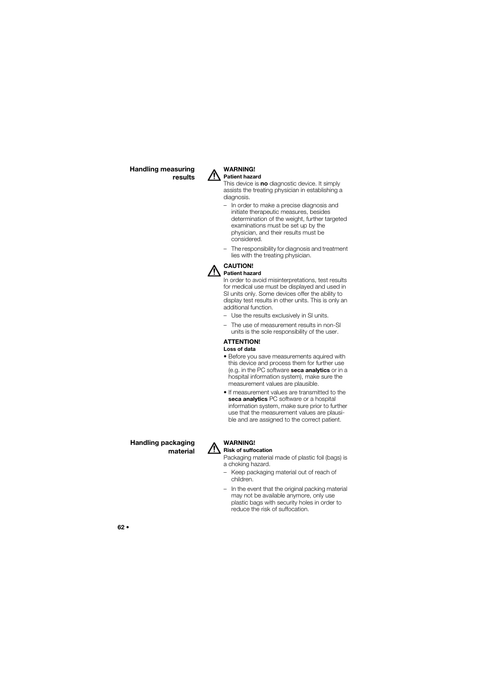 Handling measuring results, Handling packaging material | Seca 634 User Manual | Page 62 / 363