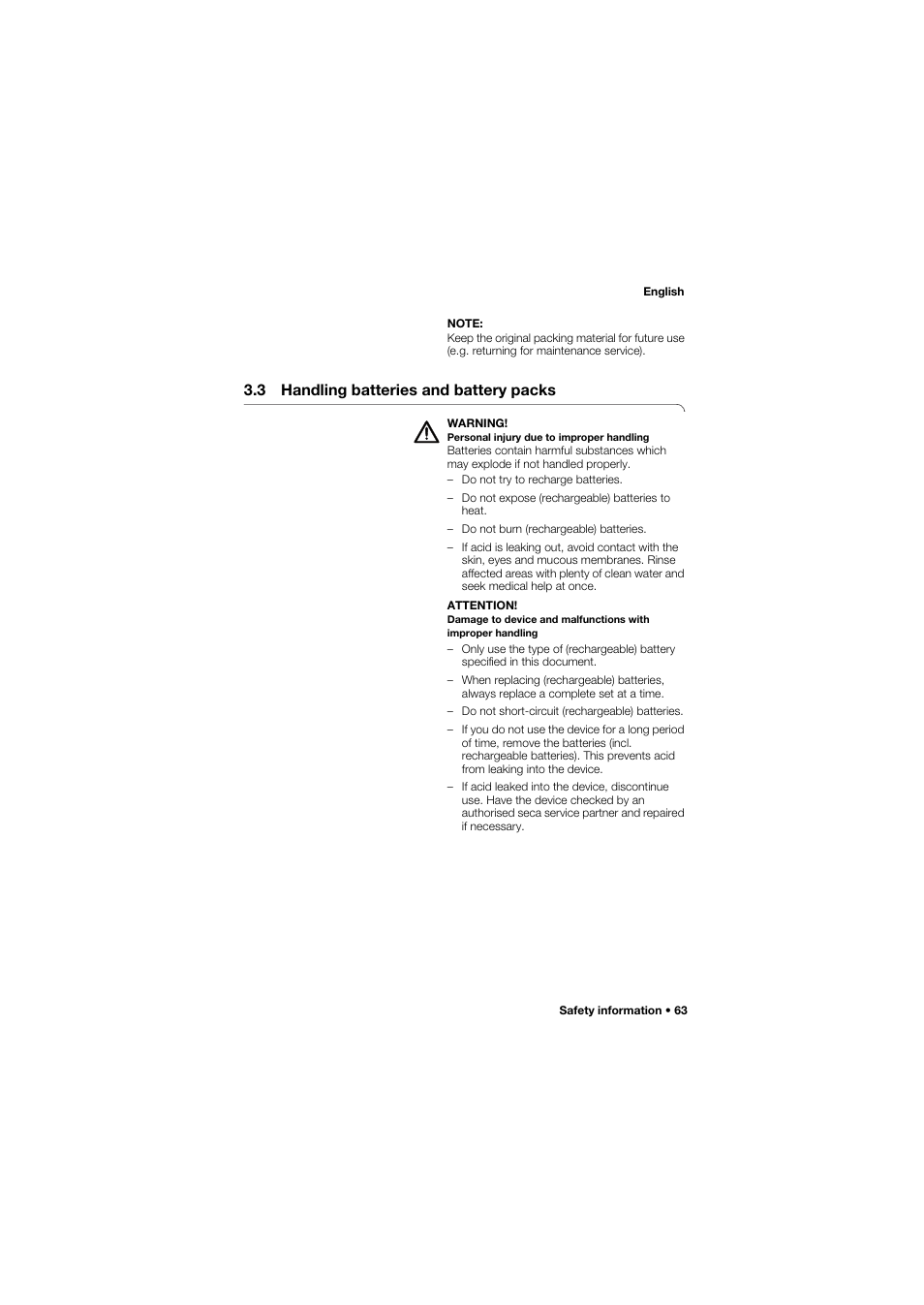 3 handling batteries and battery packs | Seca 634 User Manual | Page 63 / 363