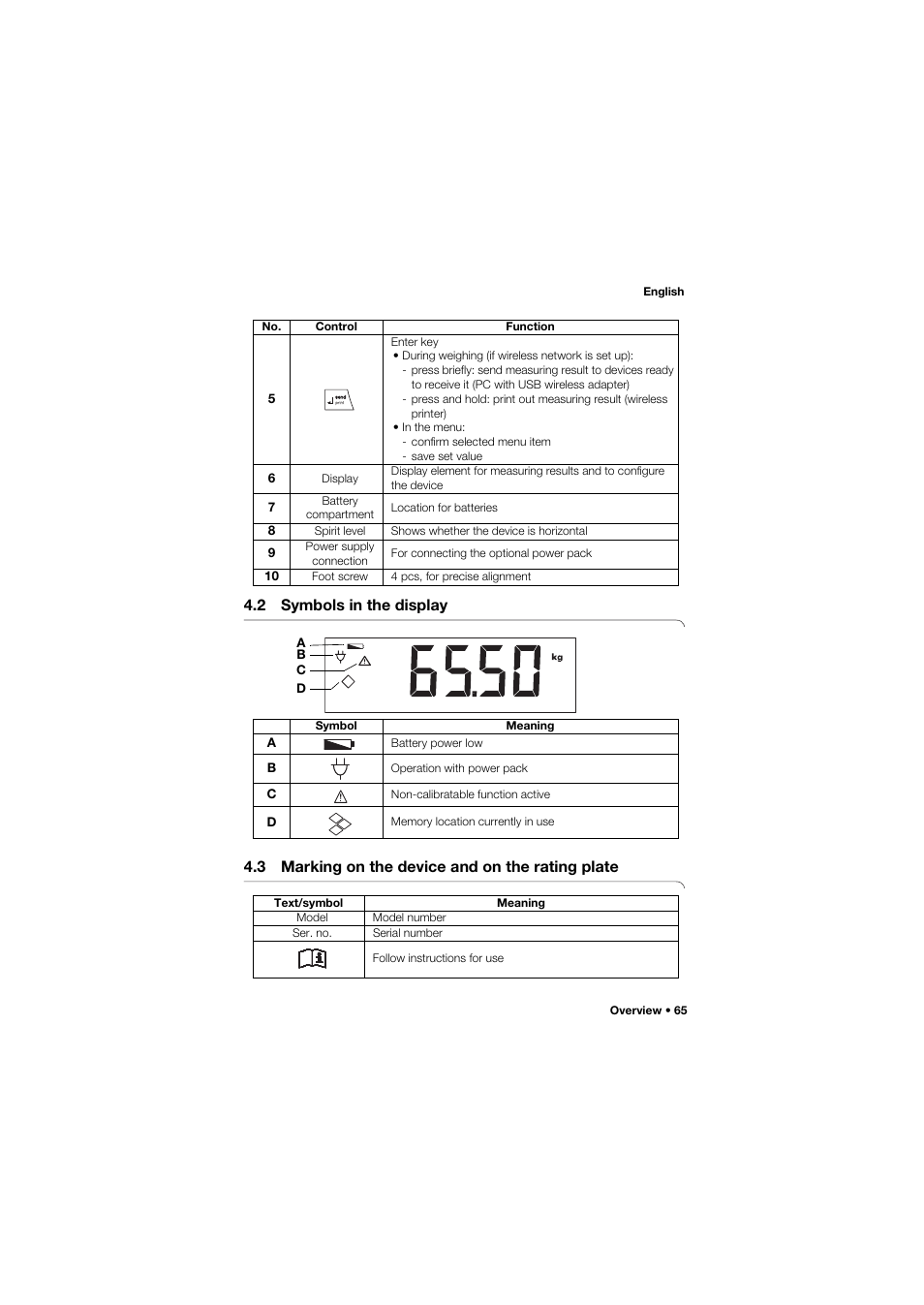 2 symbols in the display, 3 marking on the device and on the rating plate | Seca 634 User Manual | Page 65 / 363